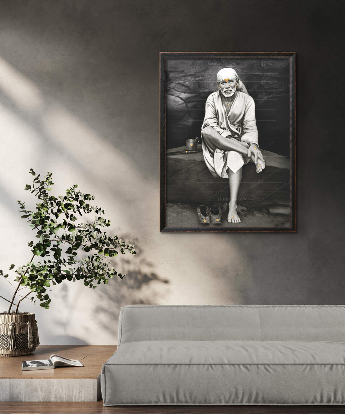 Saibaba on Stone Canvas Print, Black & White Hemant Art