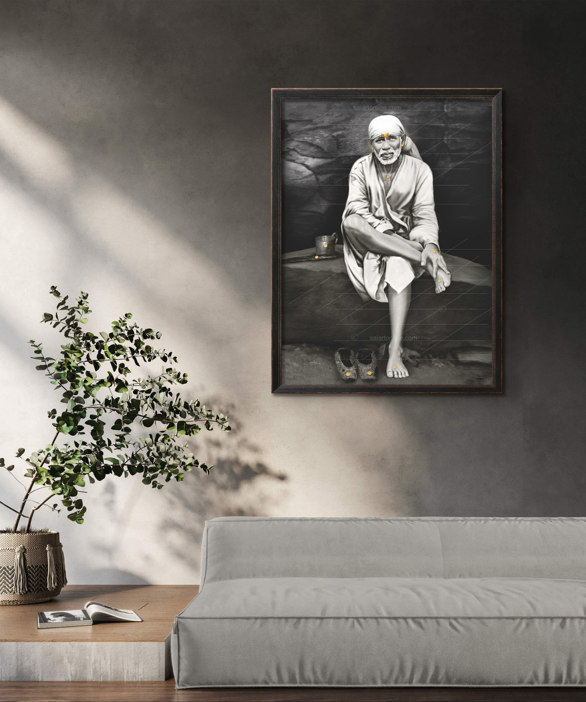 Saibaba on Stone Canvas Print, Black & White Hemant Art