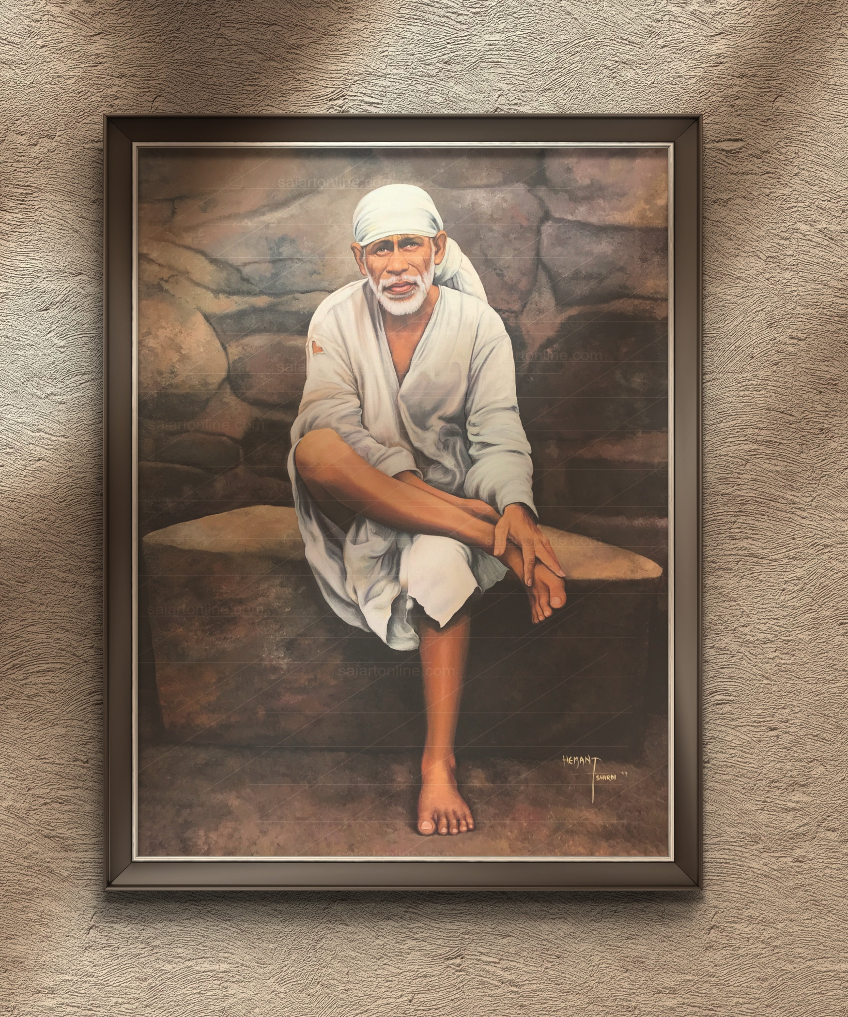 Shirdi Sai Baba Original Photo Sitting on Stone Canvas Painting | UV Coated Waterproof HD Wall Art by Hemant Art