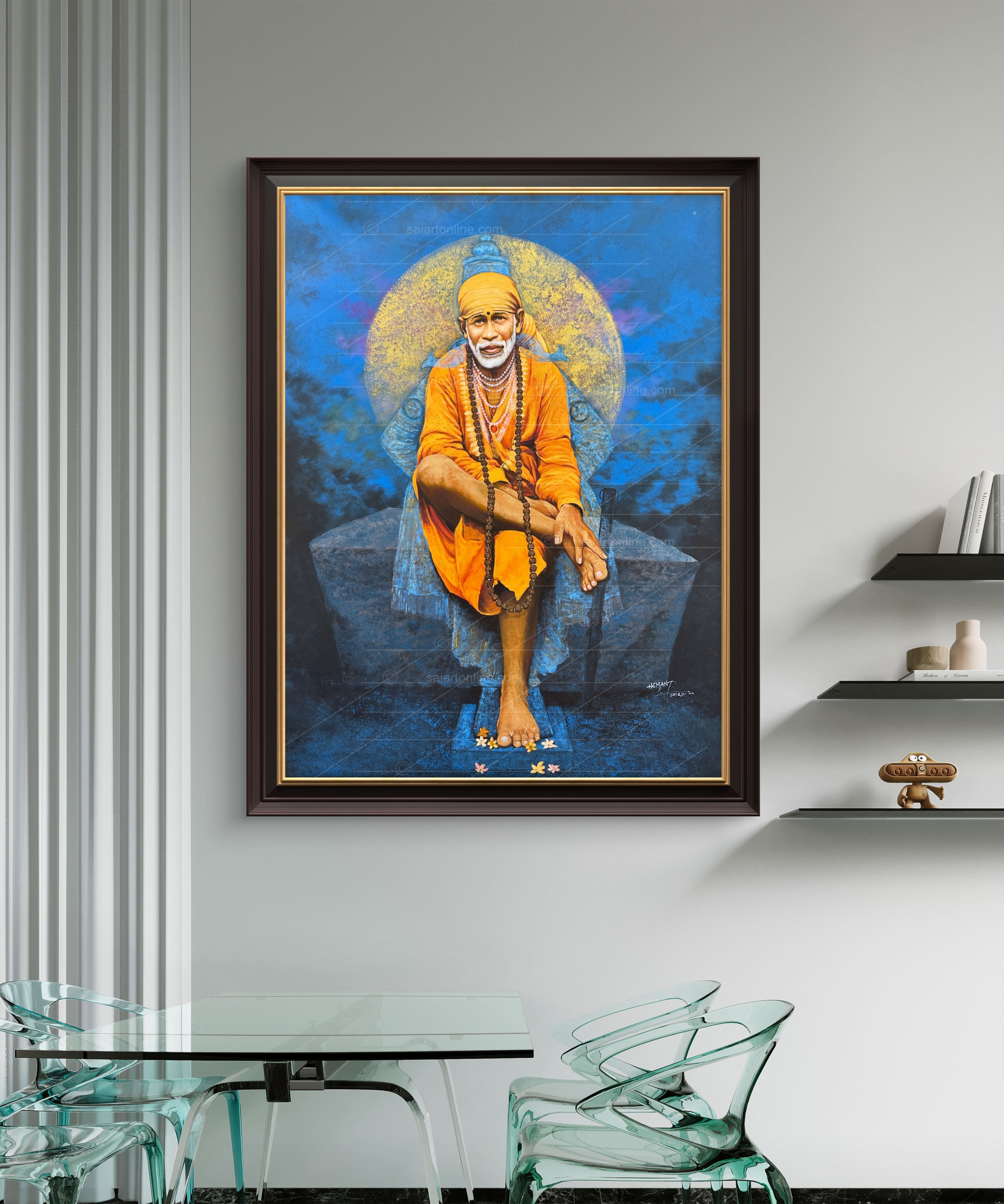 Shirdi Sai Baba Original Photo Sitting on Stone Canvas Painting | UV Coated Waterproof HD Wall Art by Hemant Art
