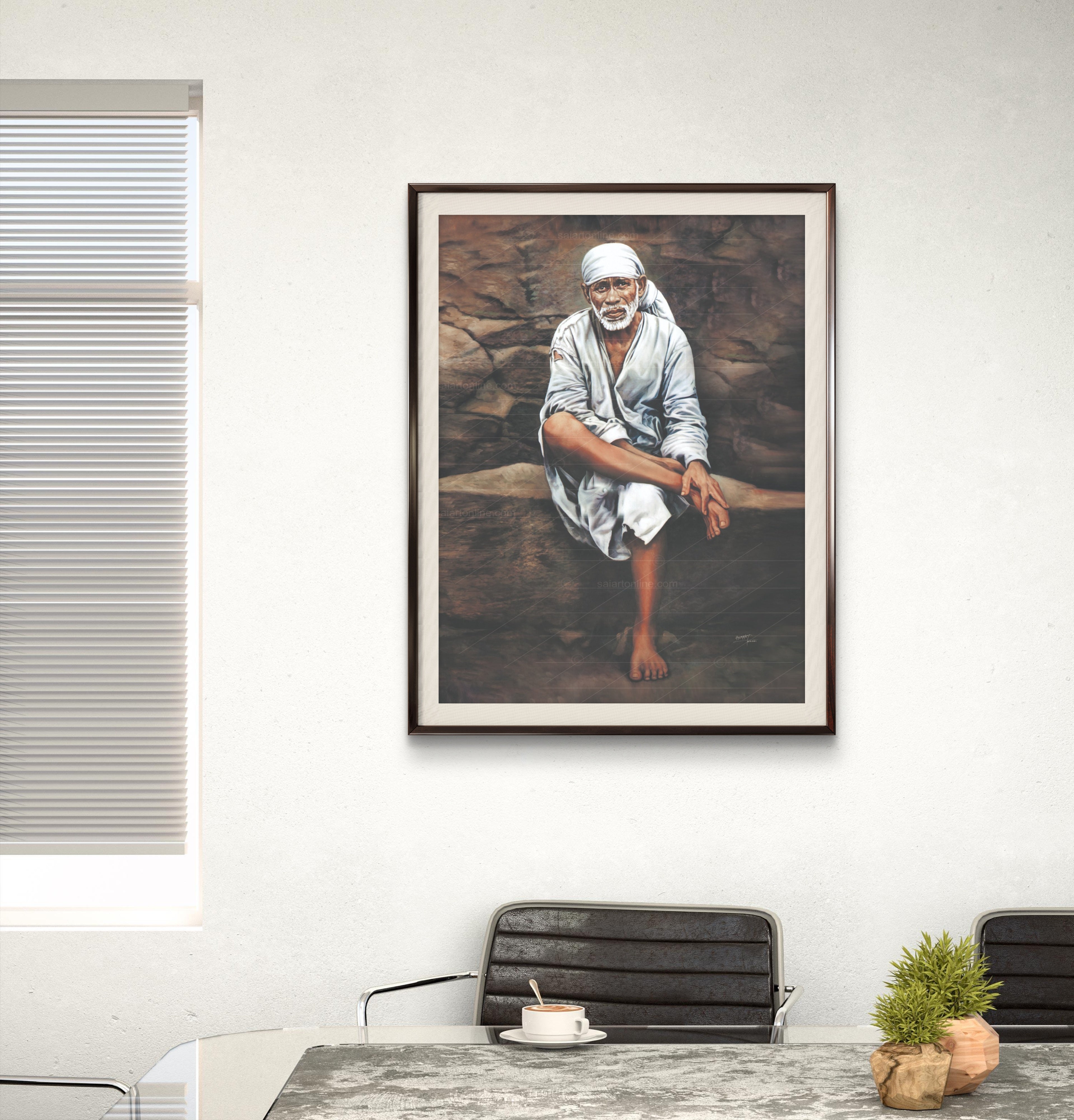 Shirdi Sai Baba Photo Sitting On Stone Hand Painting Canvas Reprint Wall Art Decor photo, Picture/Poster
