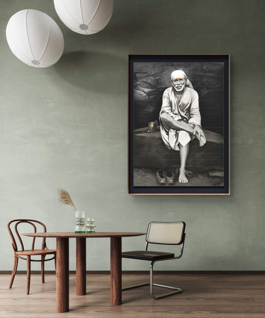 Saibaba on Stone Canvas Print, Black & White Hemant Art