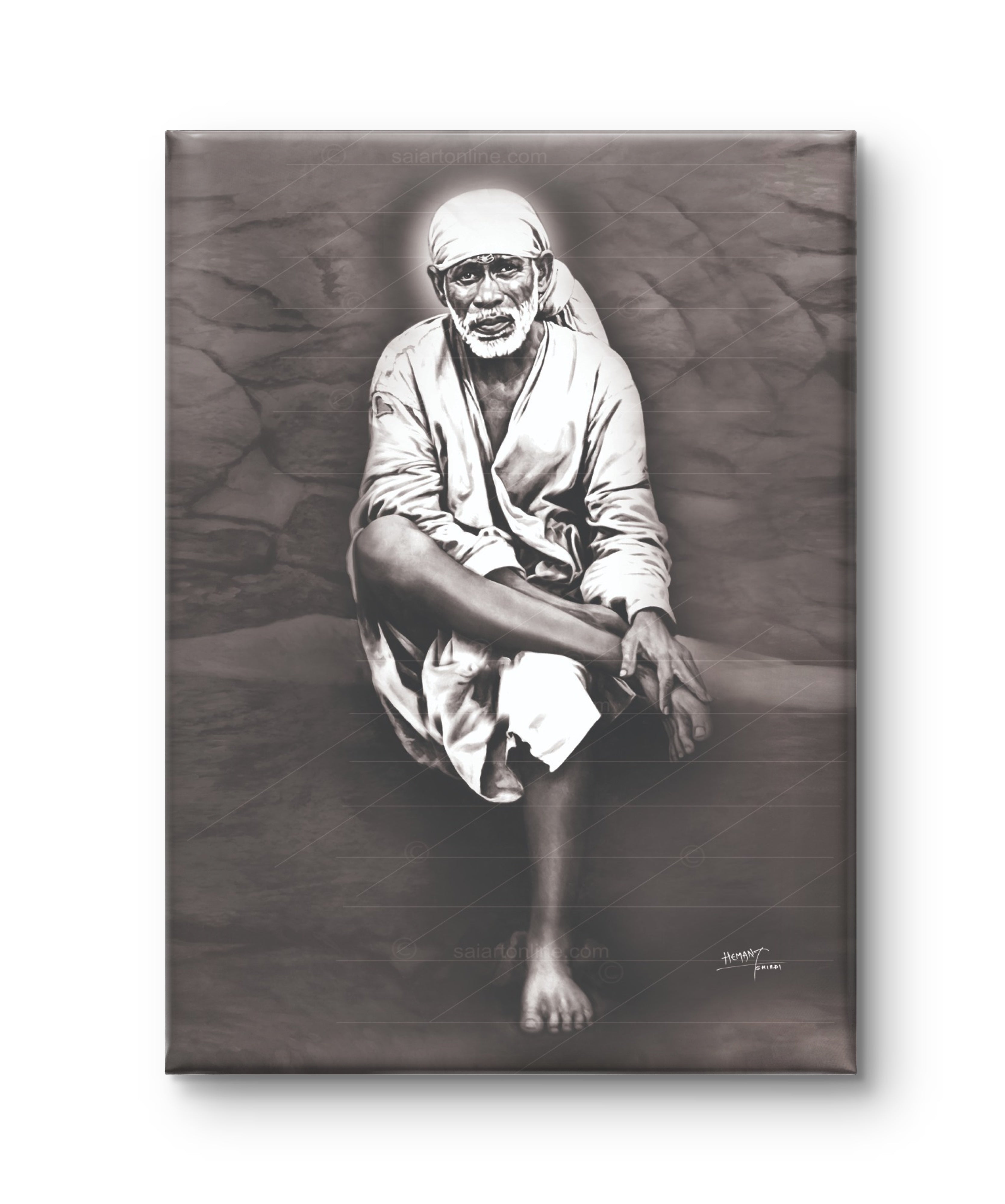 Shirdi Sai Baba Original Photo Sitting on Stone Canvas Painting | UV Coated Waterproof HD Wall Art by Hemant Art