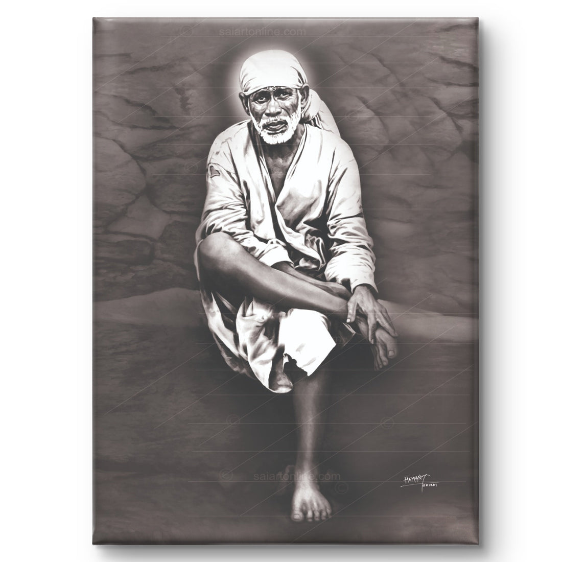 Sai Baba Original Photo Sitting on Stone Canvas Painting | Hemant Art