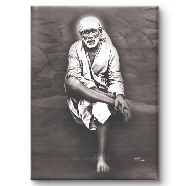 Sai Baba Original Photo Sitting on Stone Canvas Painting | Hemant Art