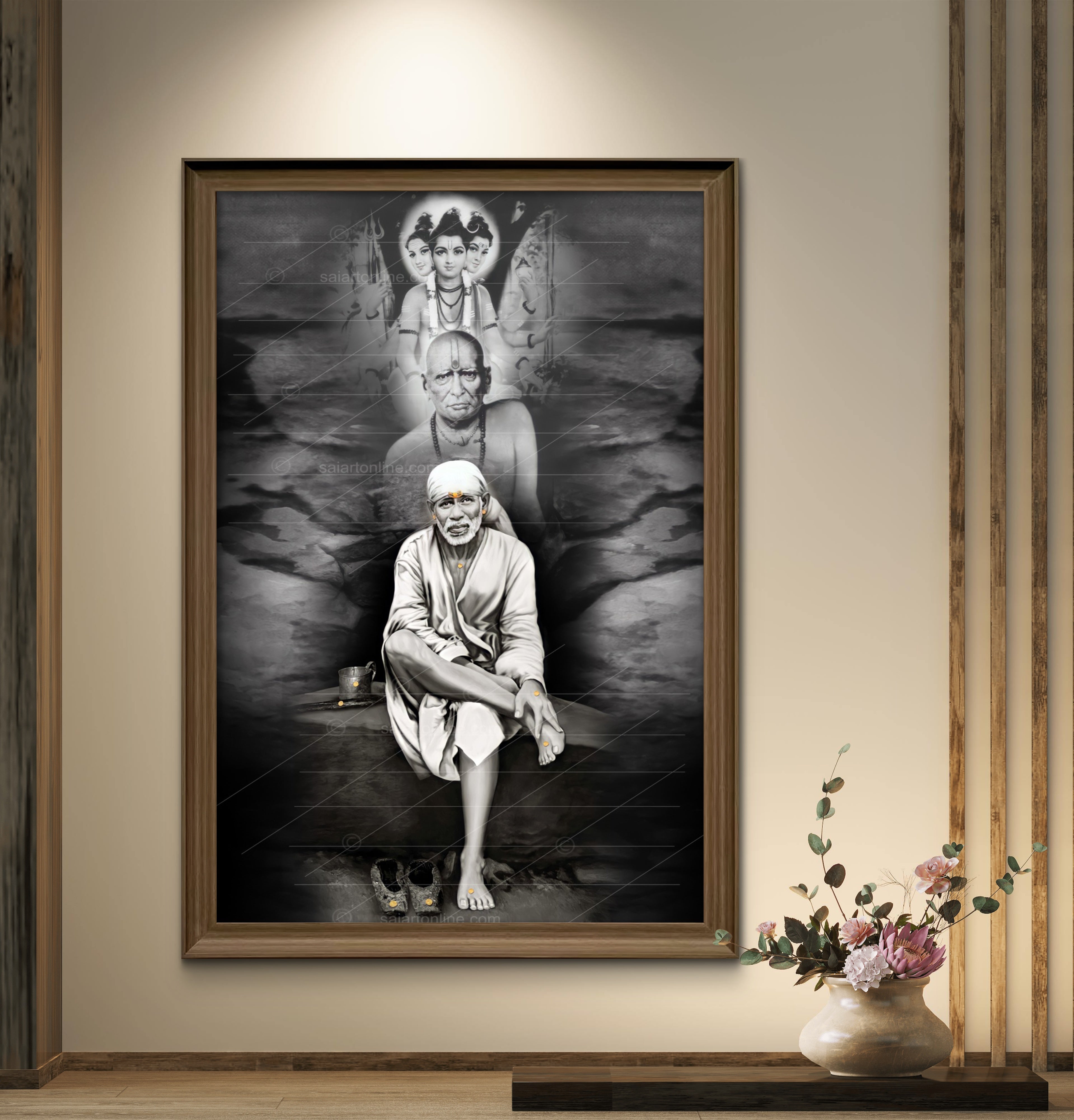 Shirdi Sai Baba Photo Sitting On Stone Hand Painting Canvas Reprint Wall Art Decor photo, Picture/Poster