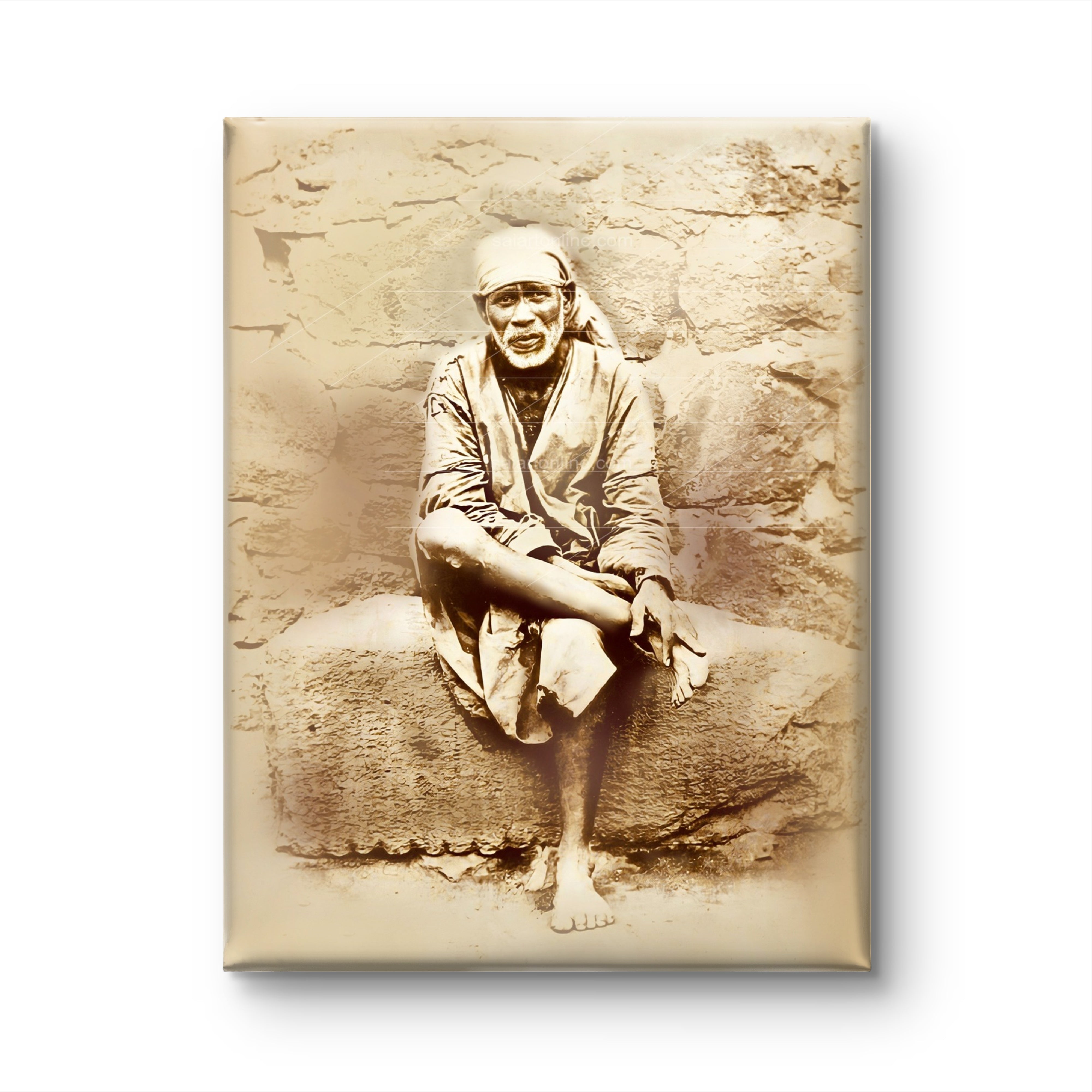 Shirdi Sai Baba Original Photo Sitting On Stone Hand Painting Canvas Reprint Wall Art Decor photo, Picture/Poster