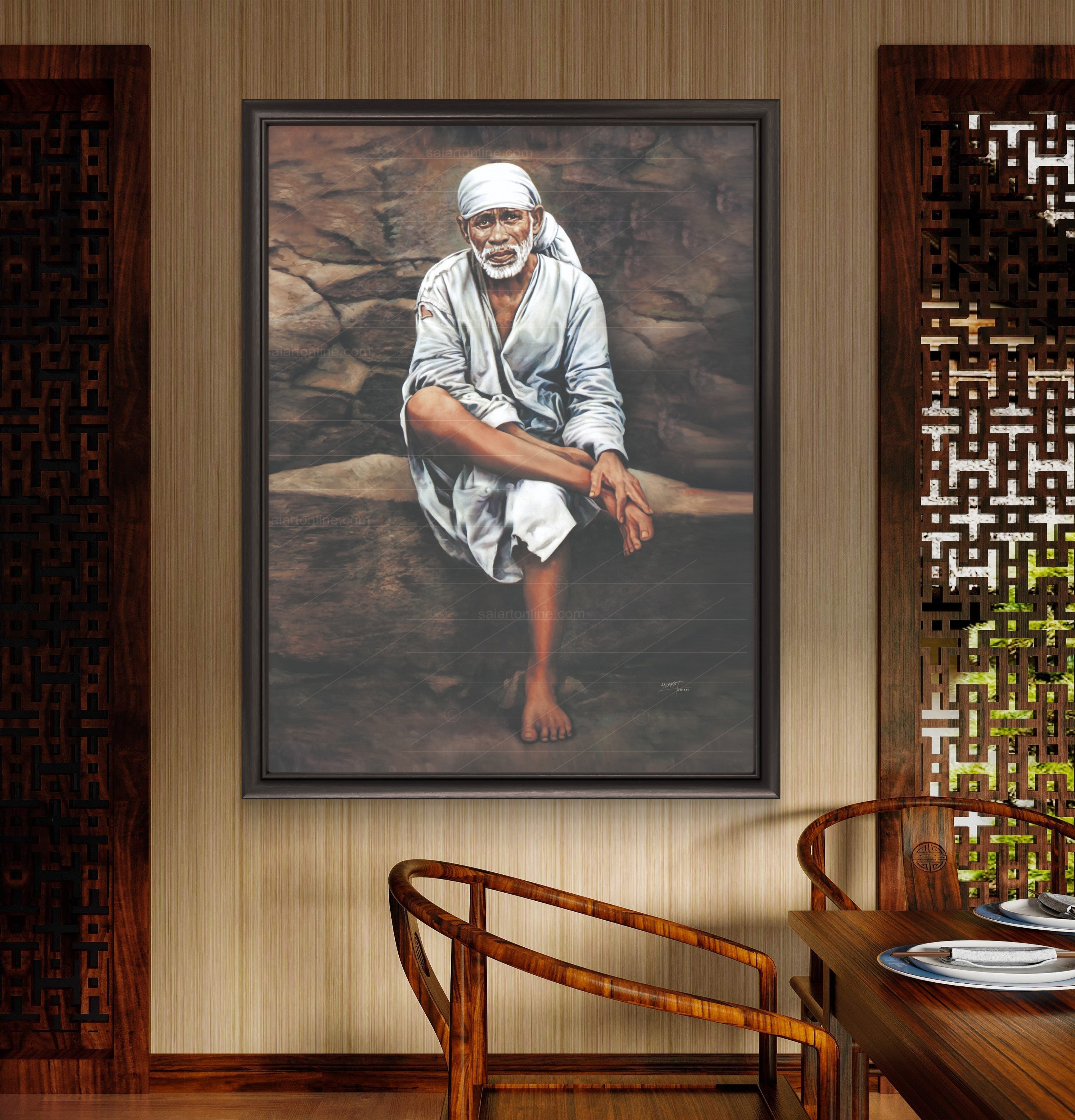 Shirdi Sai Baba Photo Sitting On Stone Hand Painting Canvas Reprint Wall Art Decor photo, Picture/Poster