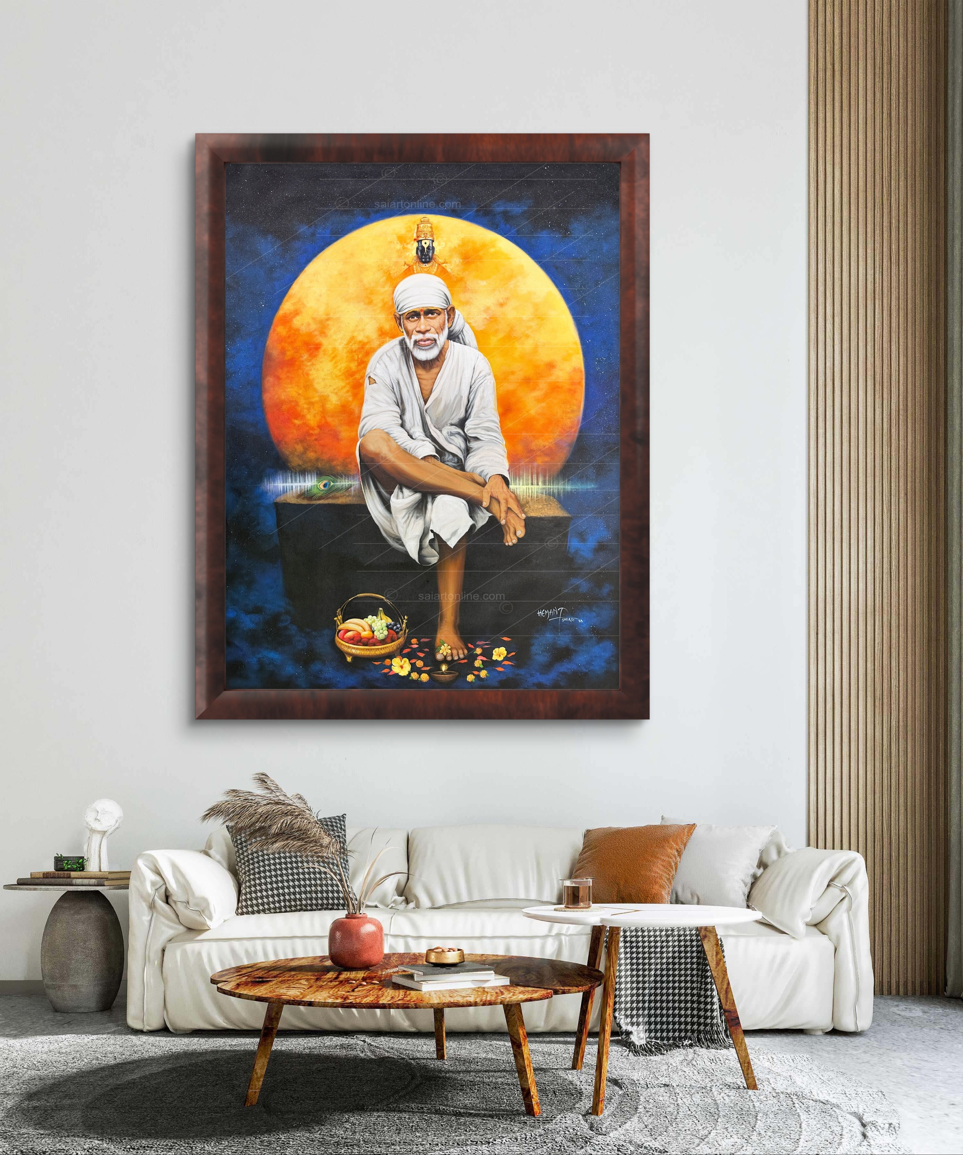 Shirdi Sai Baba Original Photo Sitting on Stone Canvas Painting | UV Coated Waterproof HD Wall Art by Hemant Art