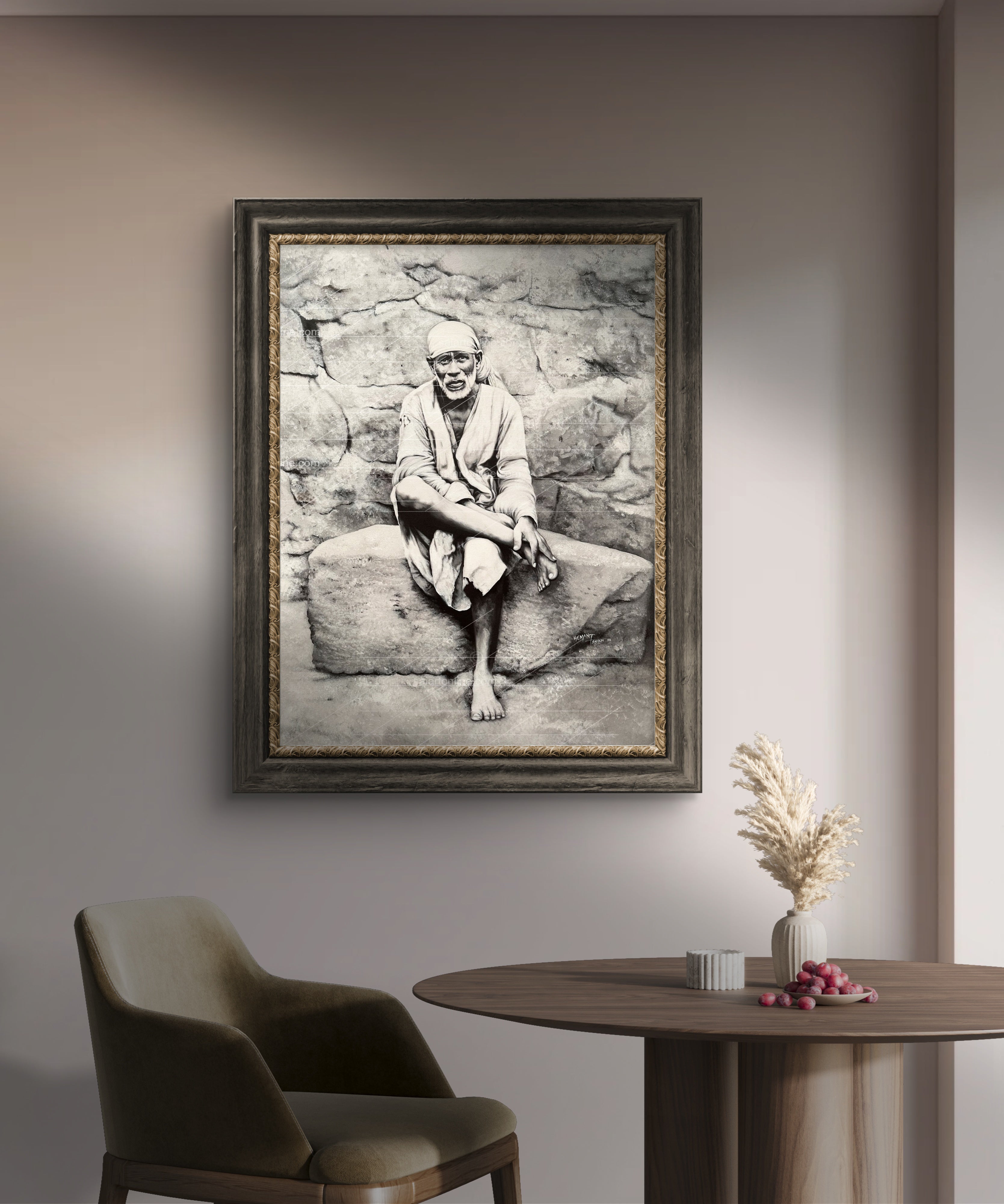 Shirdi Sai Baba Original Photo Sitting on Stone Canvas Painting | UV Coated Waterproof HD Wall Art by Hemant Art