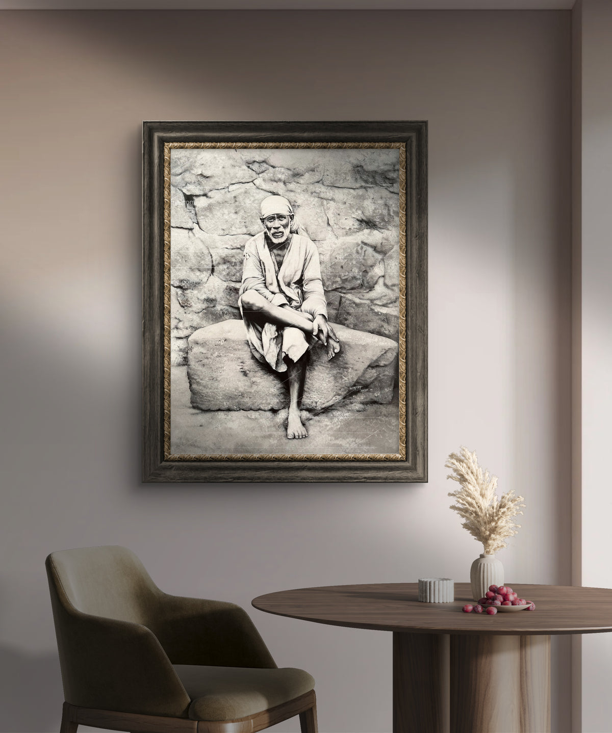 Sai Baba Original Photo Sitting on Stone Canvas Painting | Hemant Art