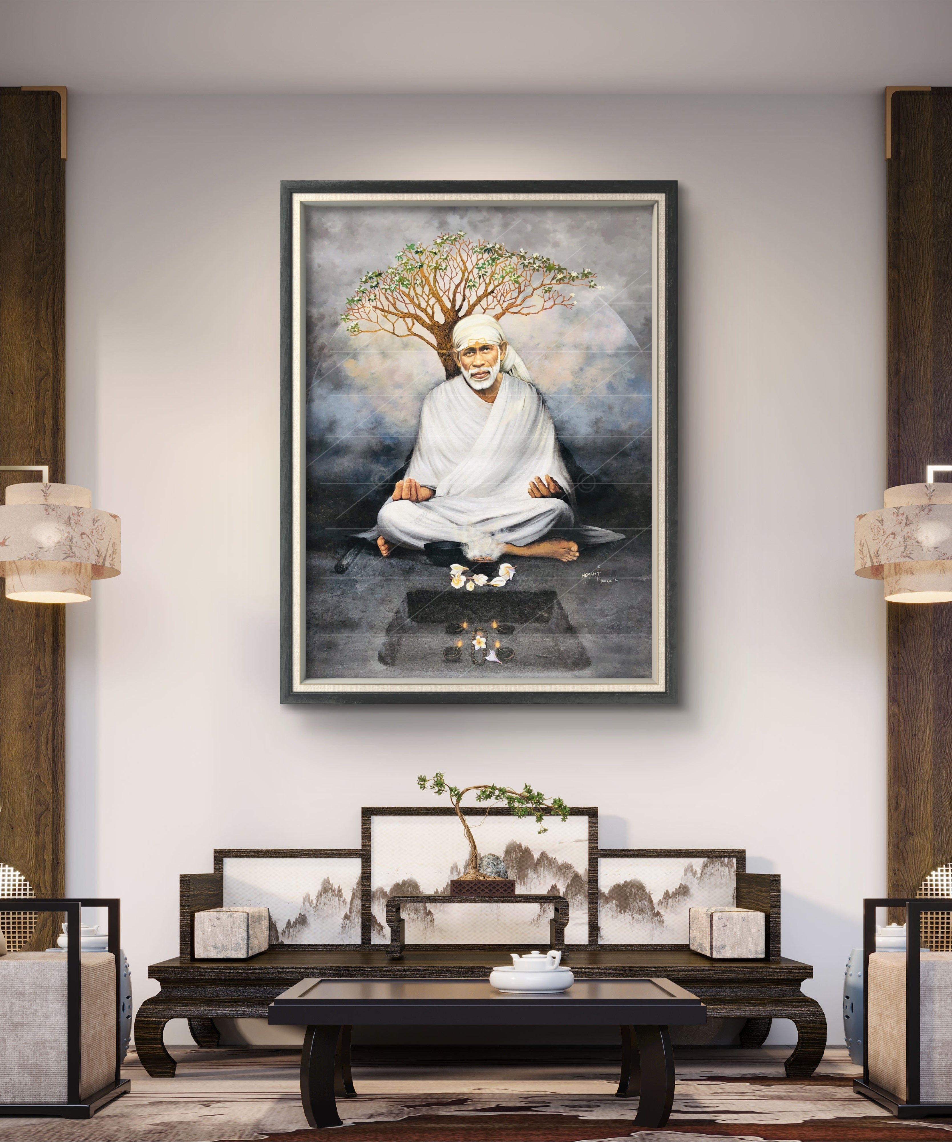🖼️ Hemant Art Shirdi Sai Baba Meditation Photo Frame Canvas Painting/Canvas Wall Art – Spiritual Home Decor for Puja Room & Meditation Space Success Active