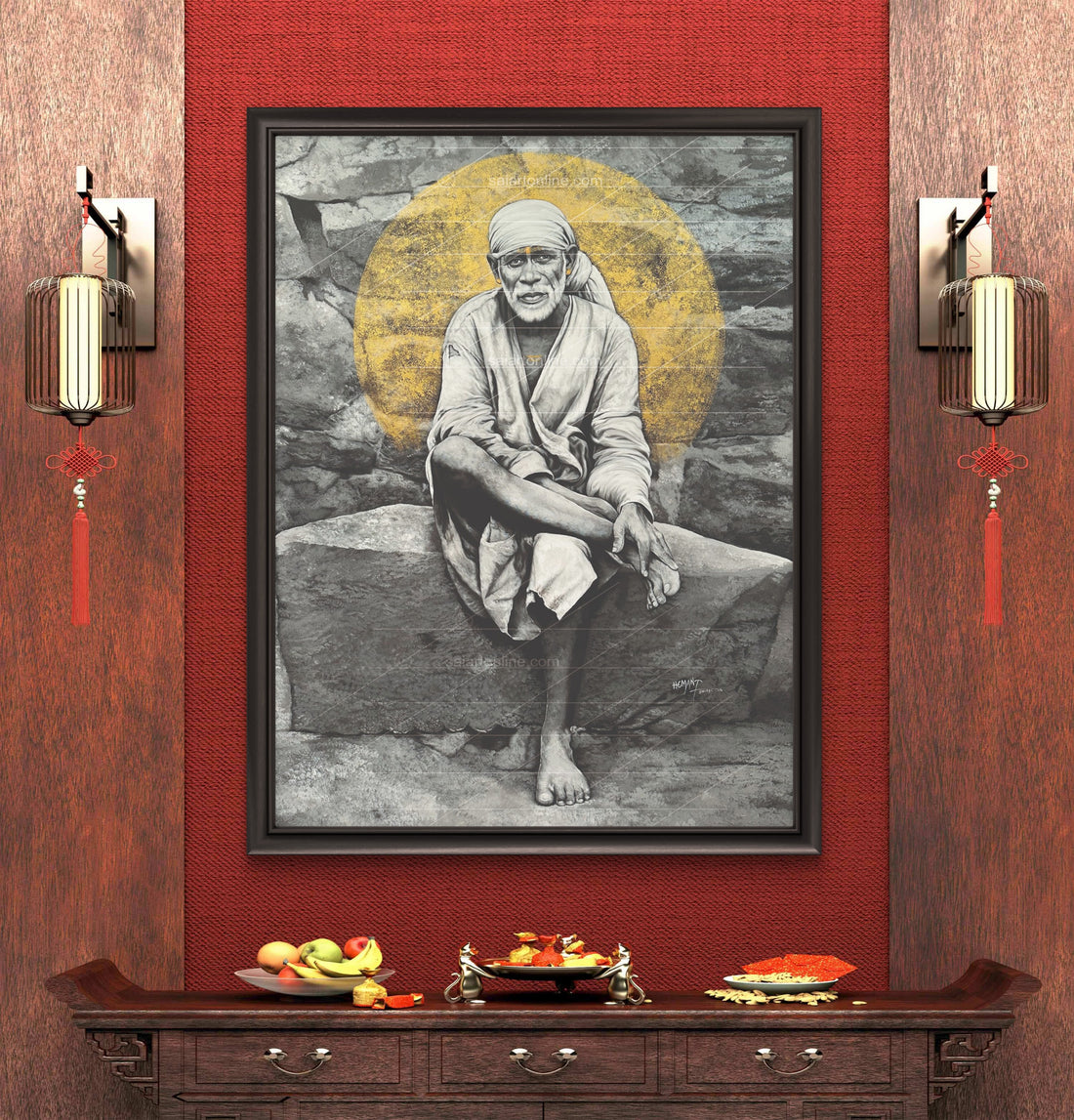 Sai Baba Original Photo Sitting on Stone Canvas Reprint | Hemant Art
