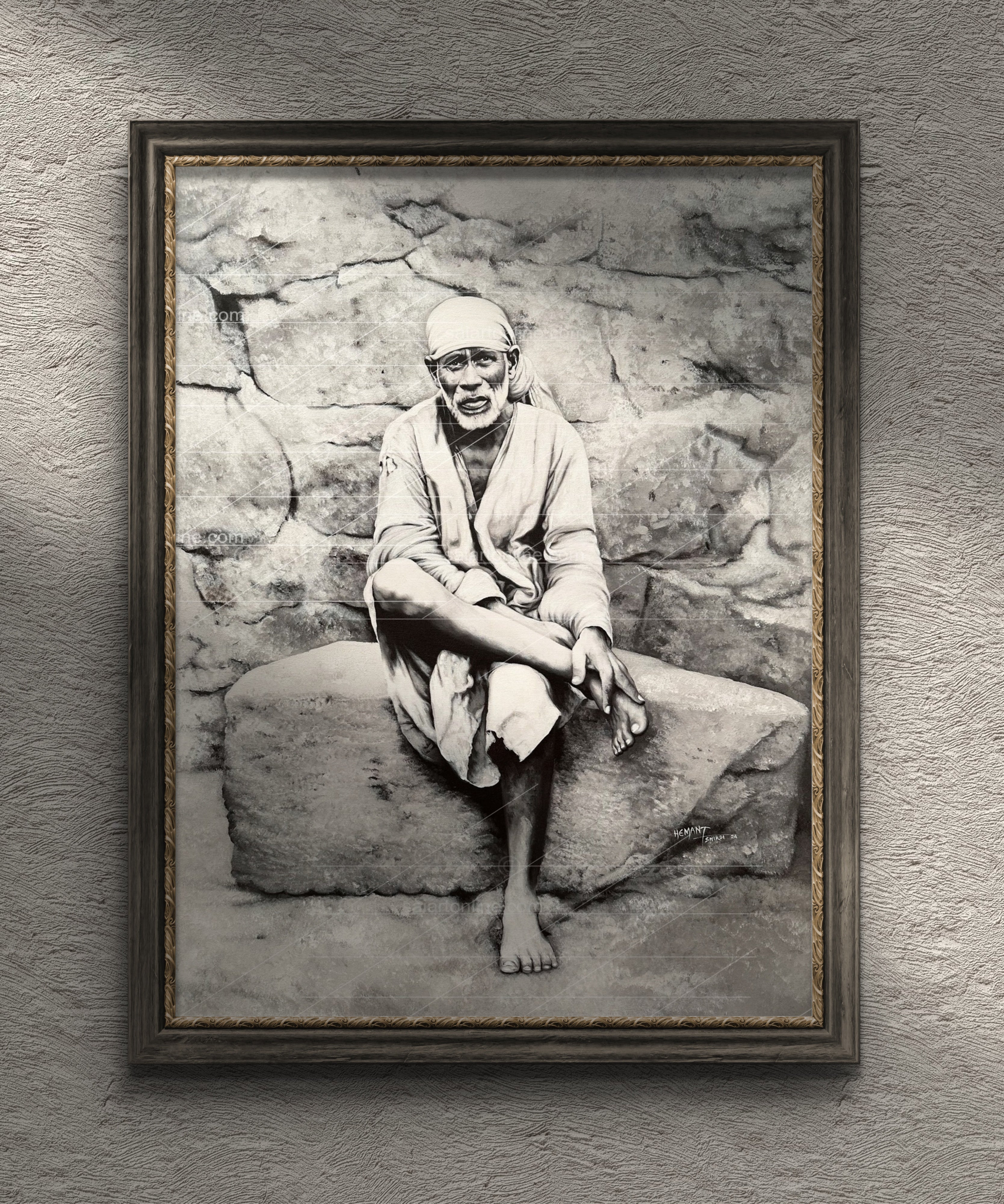 Shirdi Sai Baba Original Photo Sitting on Stone Canvas Painting | UV Coated Waterproof HD Wall Art by Hemant Art