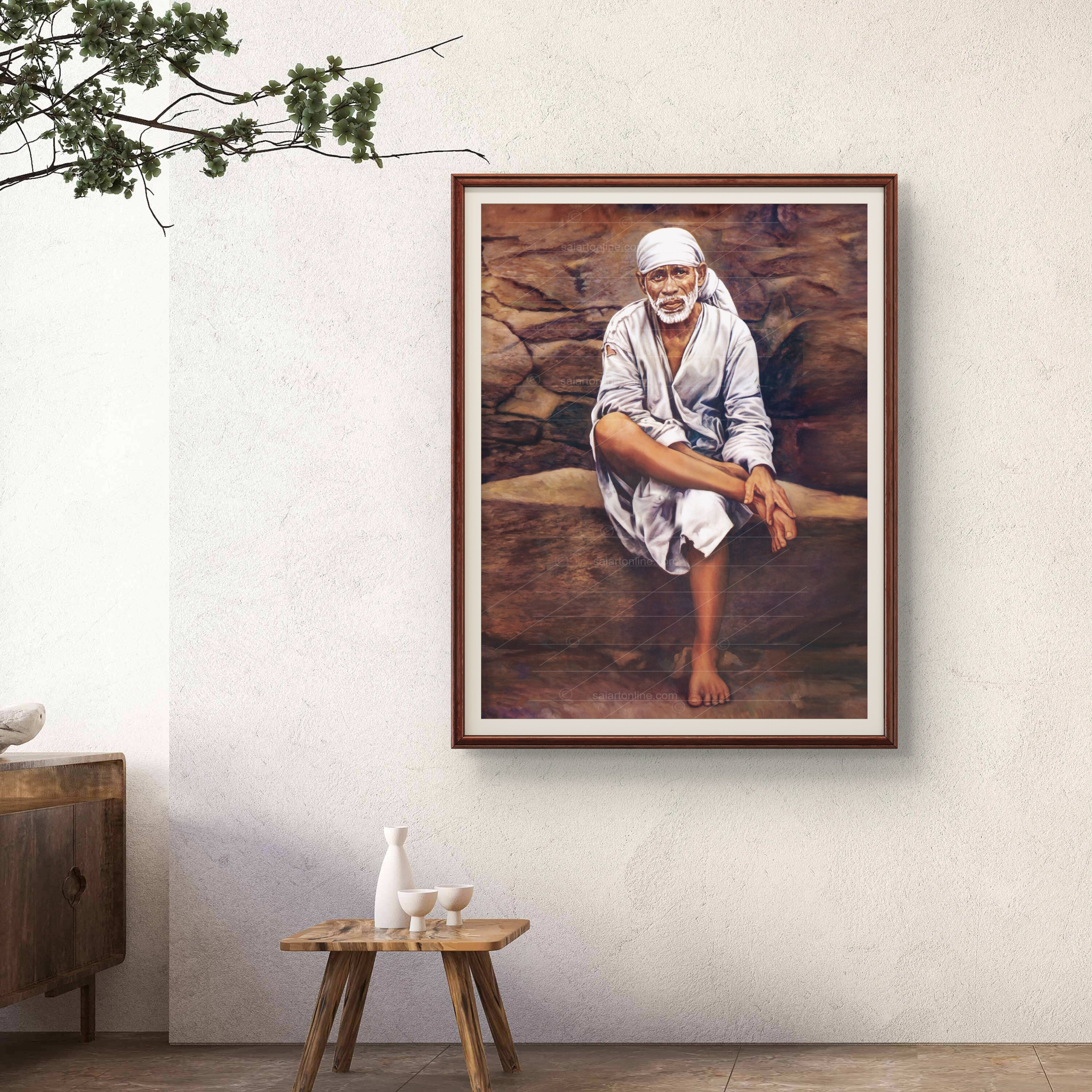 Shirdi Sai Baba Original Photo Sitting on Stone Canvas Painting | UV Coated Waterproof HD Wall Art by Hemant Art