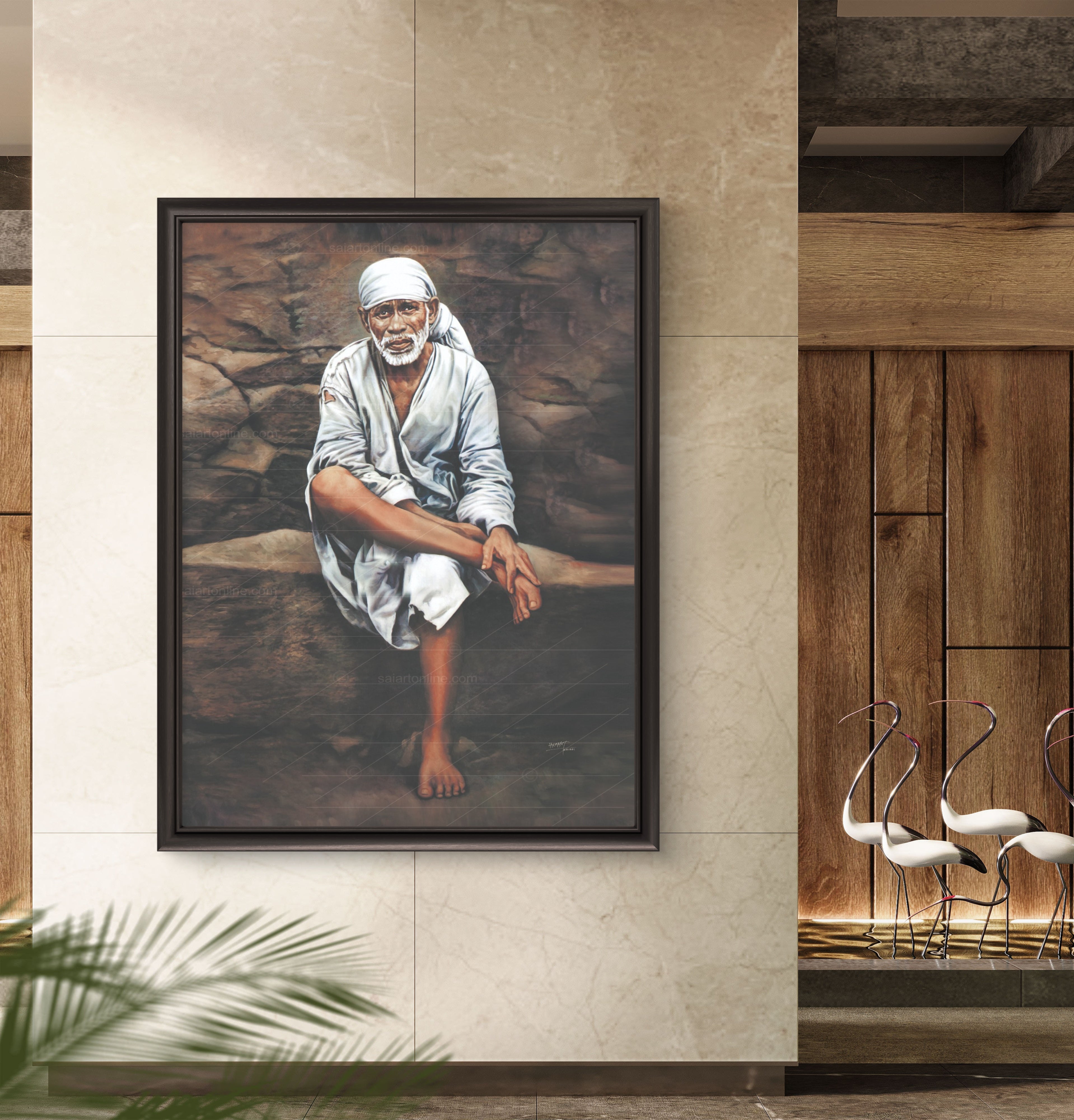 Shirdi Sai Baba Photo Sitting On Stone Hand Painting Canvas Reprint Wall Art Decor photo, Picture/Poster