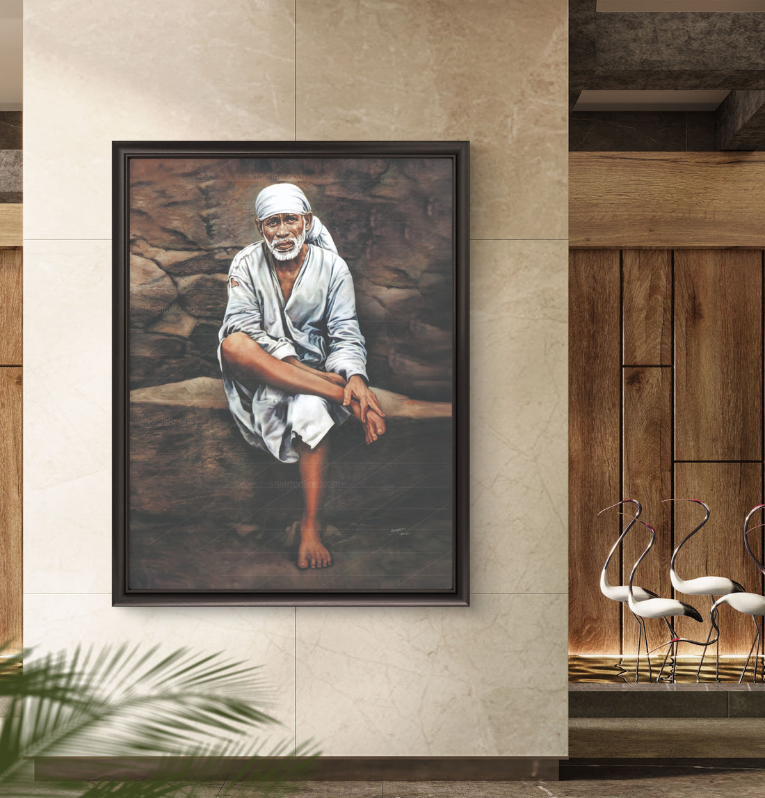 Sai Baba Original Photo Sitting on Stone Canvas Reprint | Hemant Art