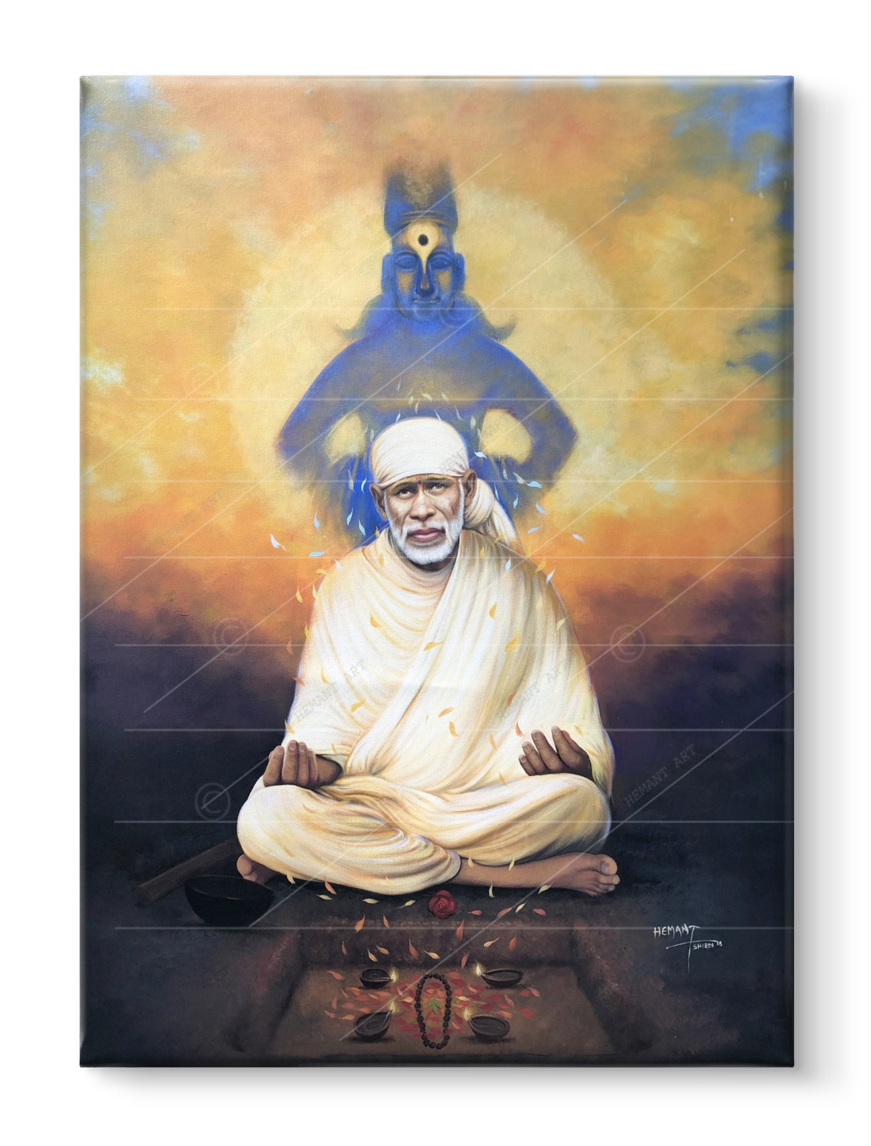 🖼️ Hemant Art Shirdi Sai Baba Meditation Photo Frame Canvas Painting/Canvas Wall Art – Spiritual Home Decor for Puja Room & Meditation Space Success Active