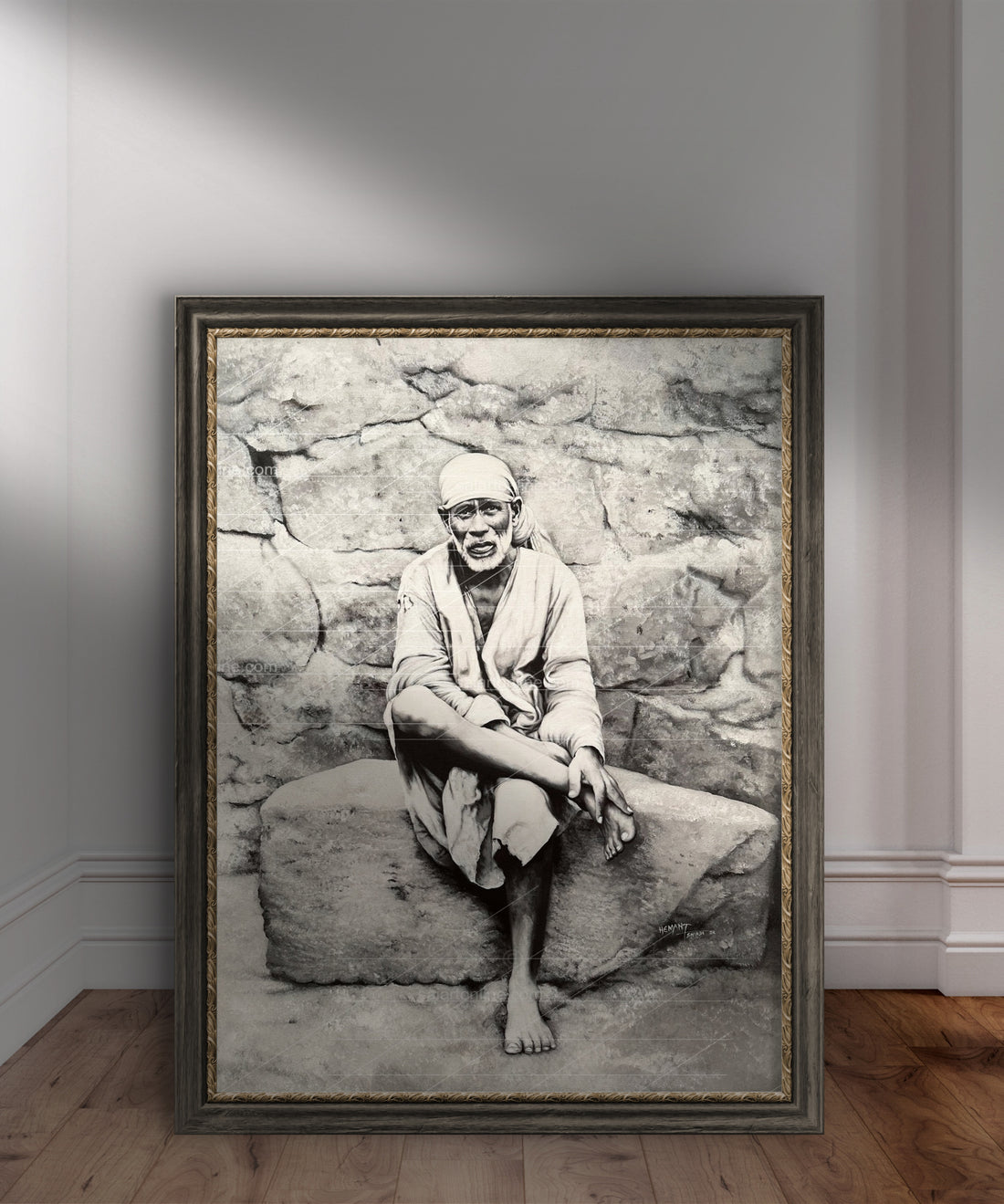 Sai Baba Original Photo Sitting on Stone Canvas Painting | Hemant Art