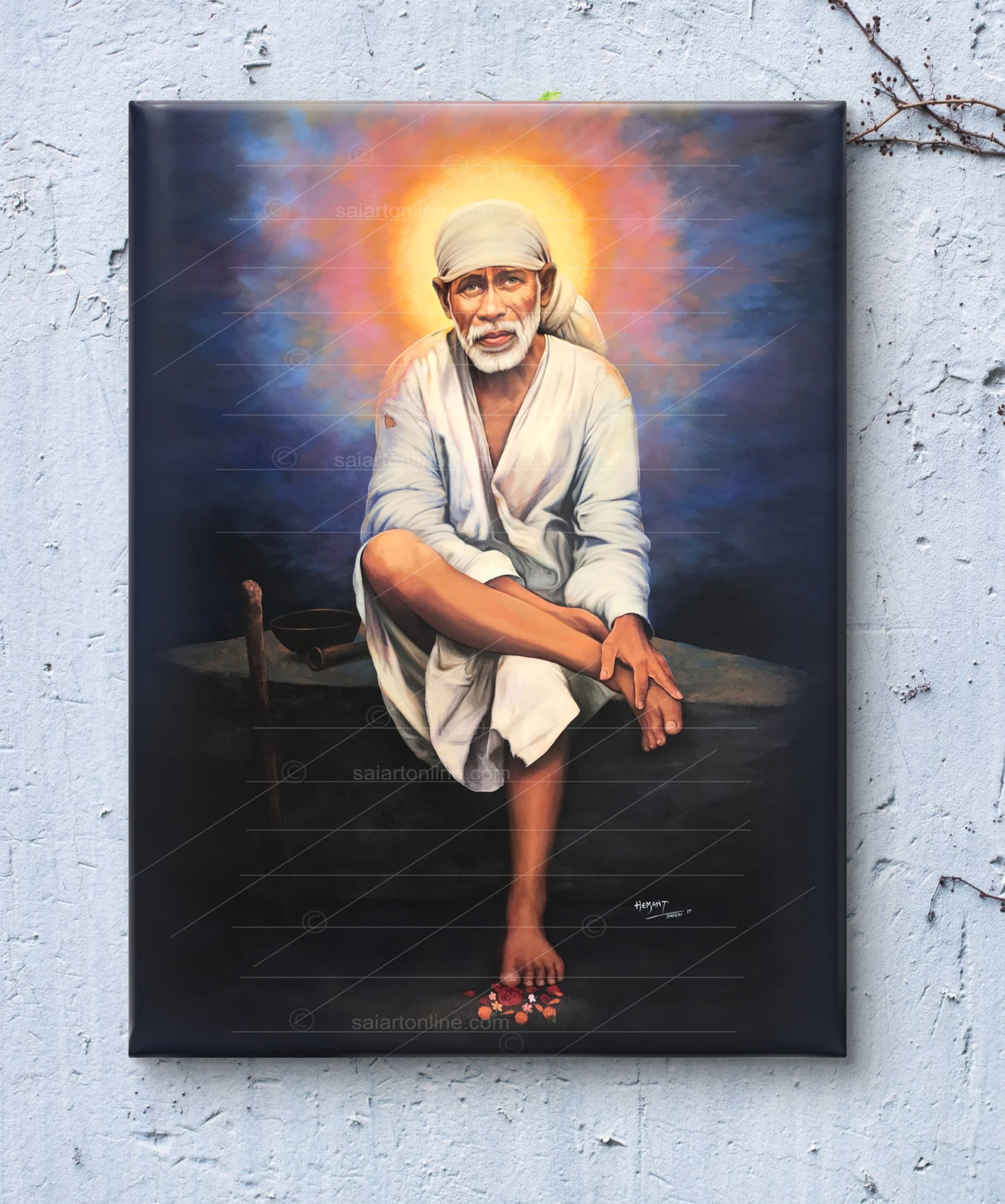 Shirdi Sai Baba Original Photo Sitting on Stone Canvas Painting | UV Coated Waterproof HD Wall Art by Hemant Art