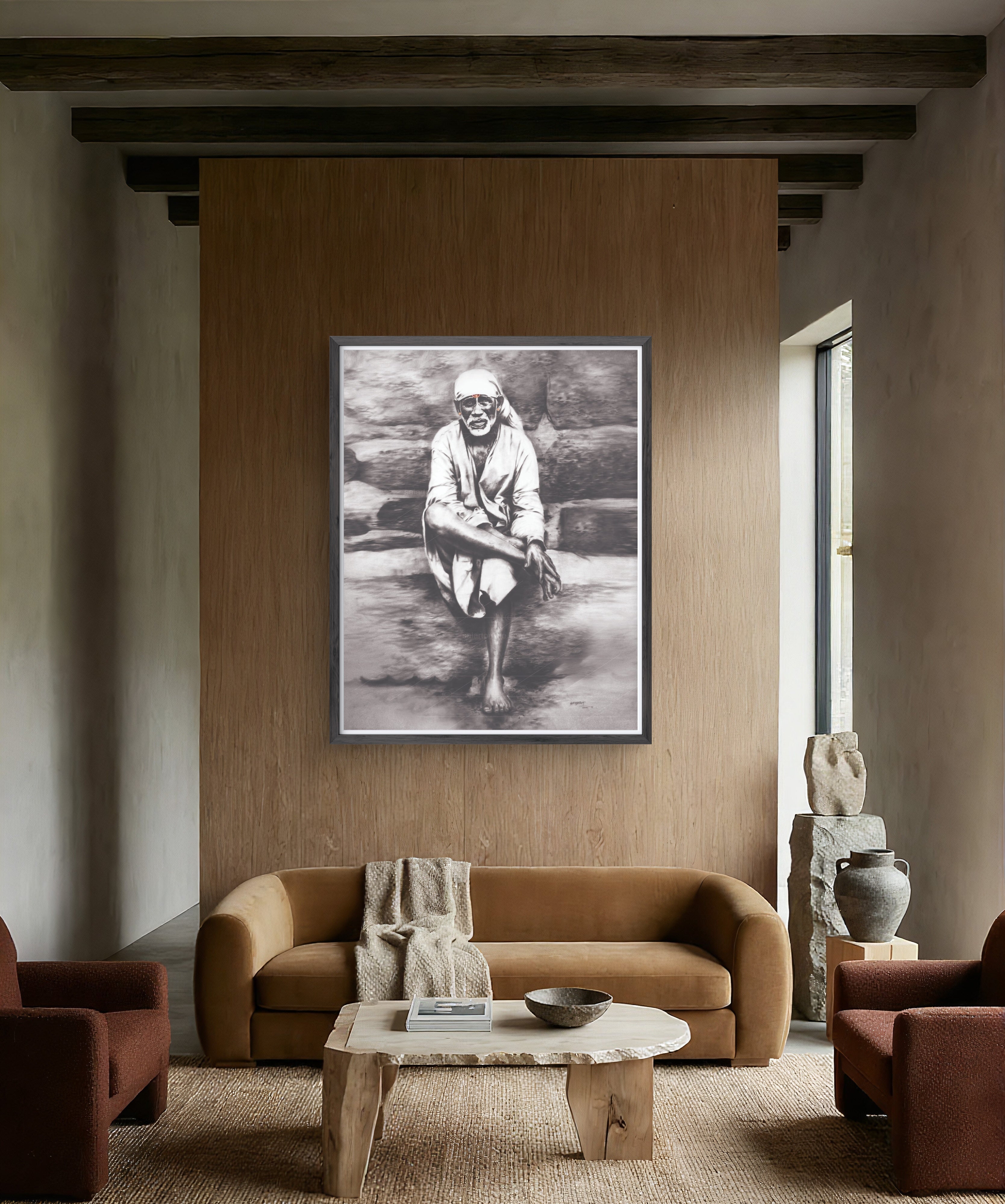 Shirdi Sai Baba Original Photo Sitting on Stone Canvas Painting | UV Coated Waterproof HD Wall Art by Hemant Art
