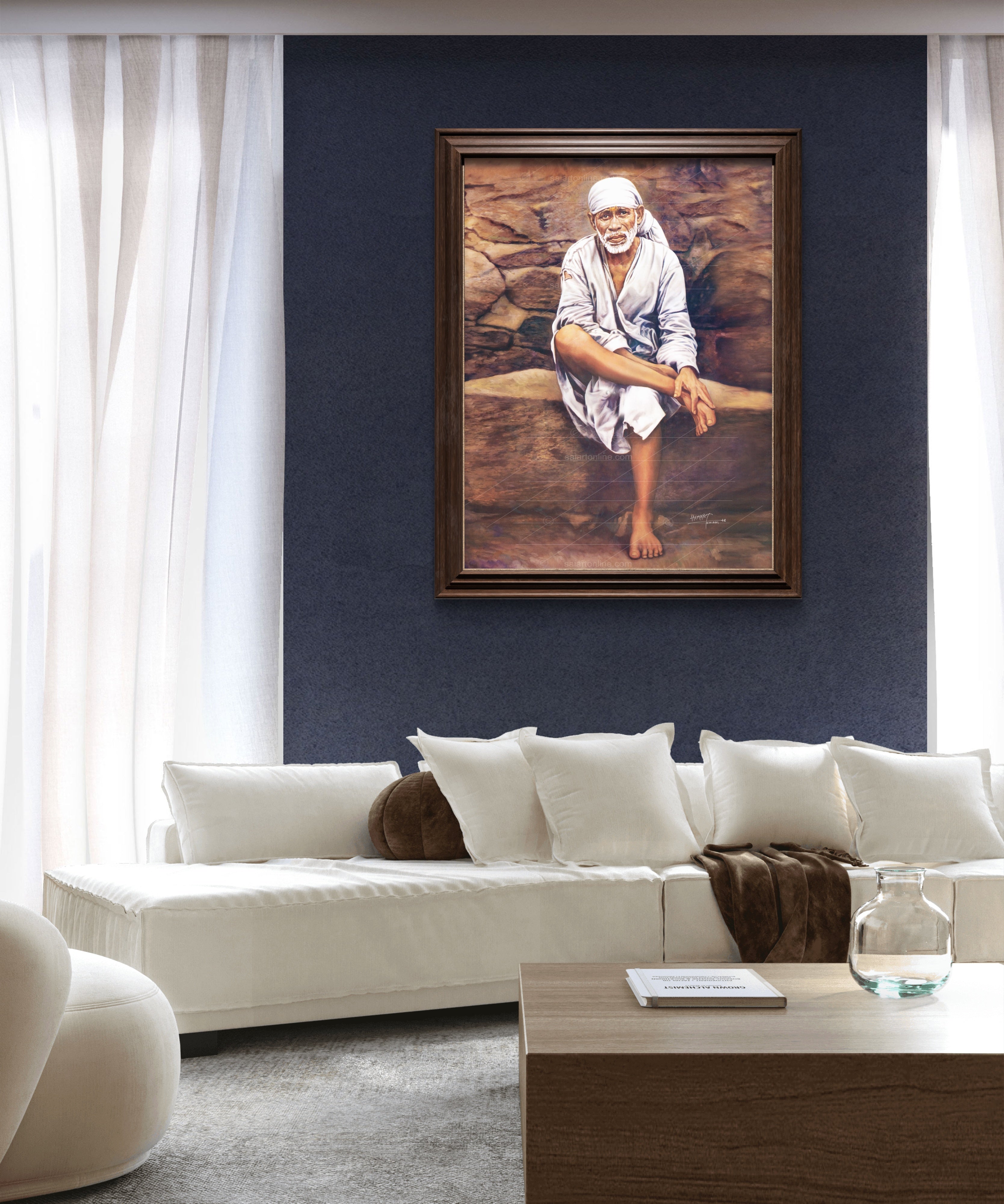 Shirdi Sai Baba Original Photo Sitting on Stone Canvas Painting | UV Coated Waterproof HD Wall Art by Hemant Art