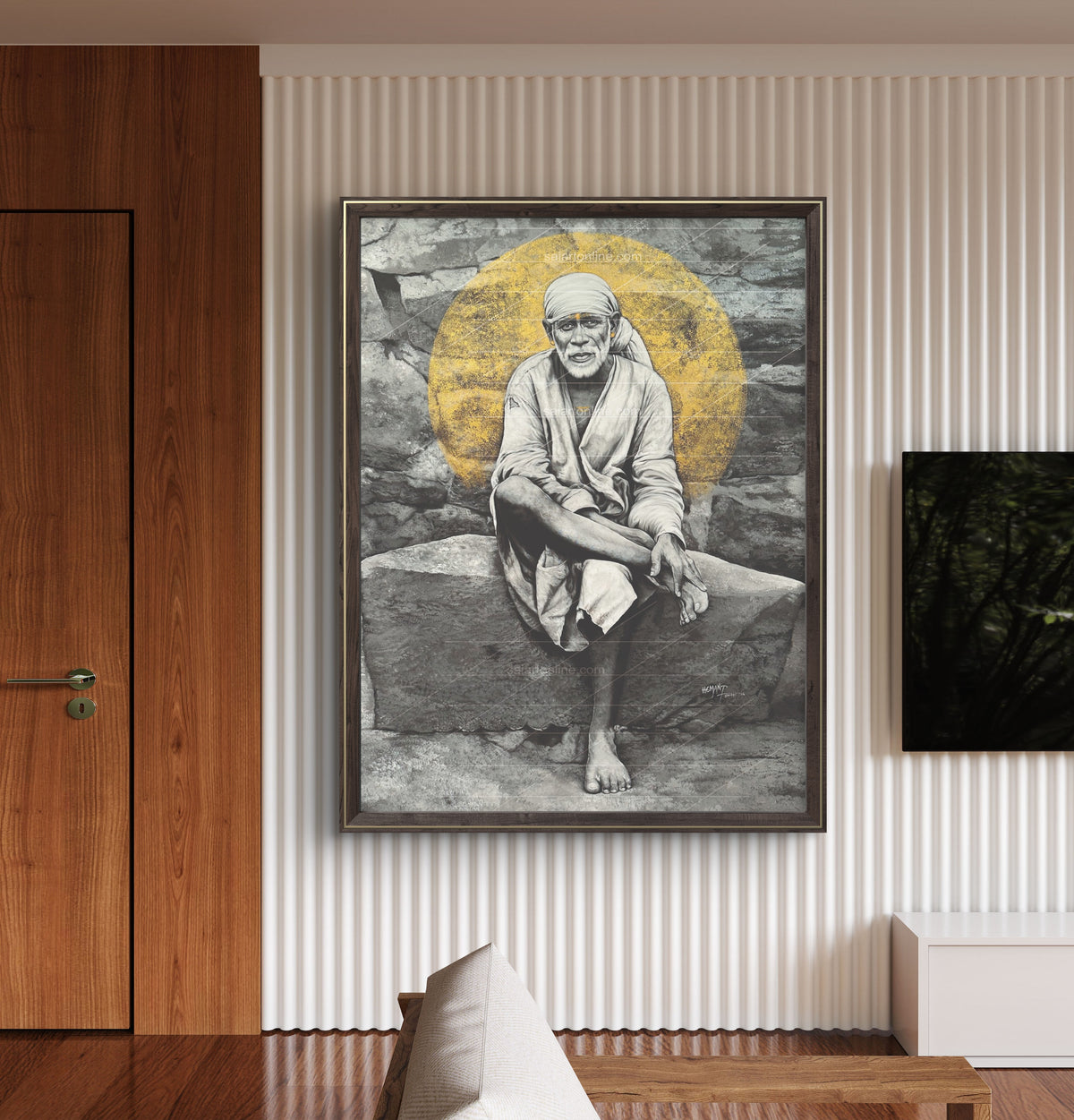 Sai Baba Original Photo Sitting on Stone Canvas Reprint | Hemant Art
