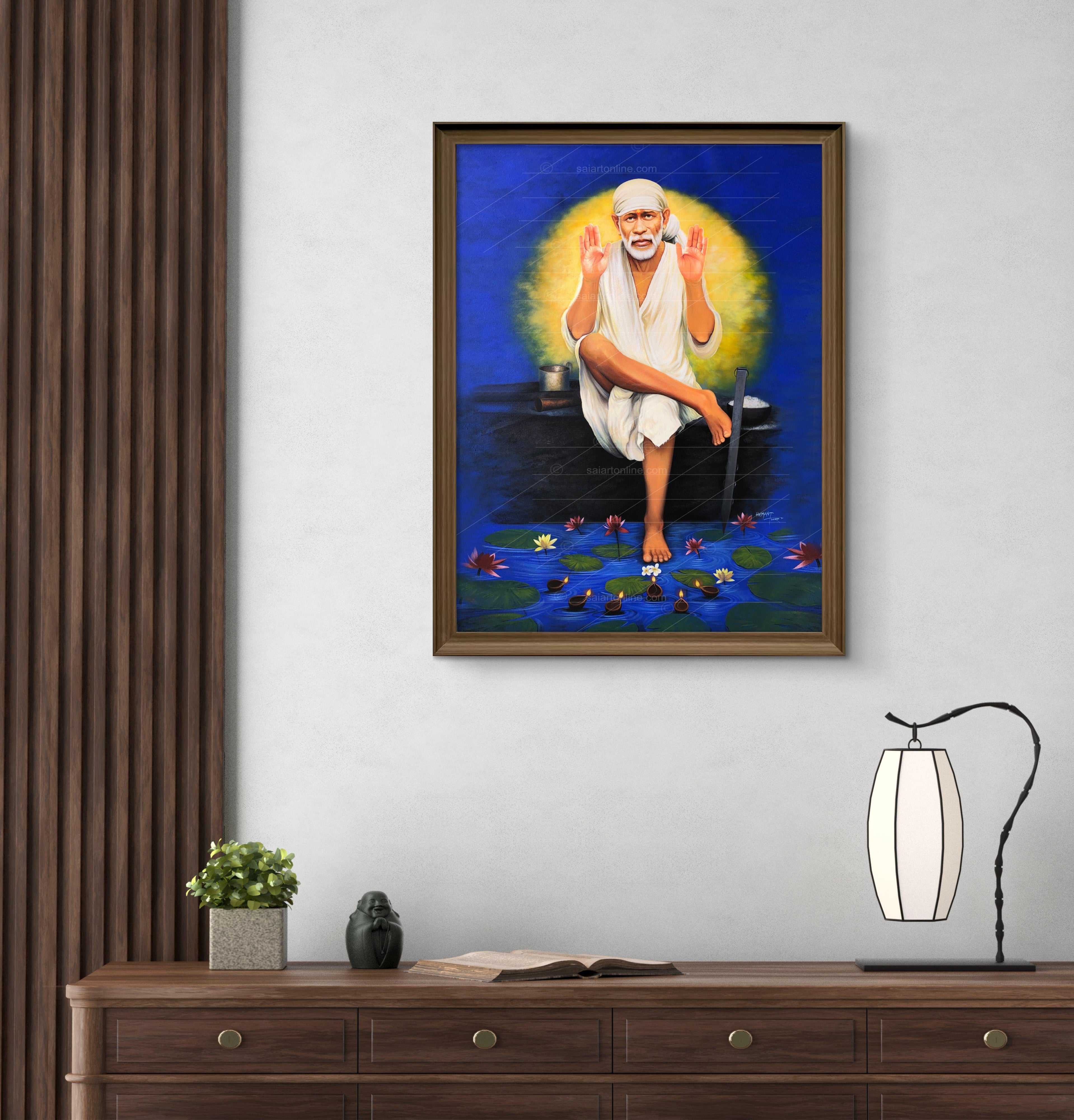 Shirdi Sai Baba Original Photo Sitting on Stone Canvas Painting | UV Coated Waterproof HD Wall Art by Hemant Art