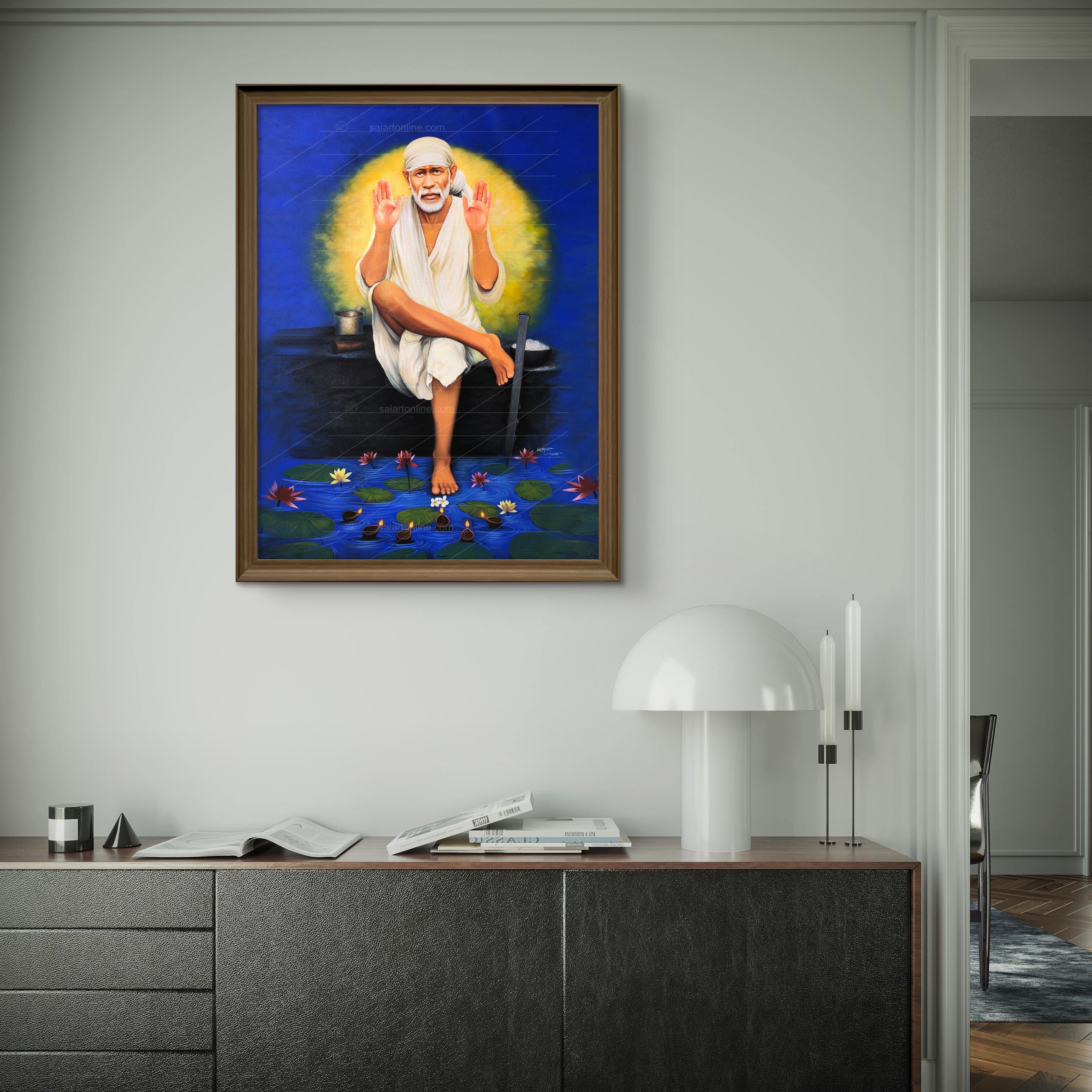 Shirdi Sai Baba Original Photo Sitting on Stone Canvas Painting | UV Coated Waterproof HD Wall Art by Hemant Art