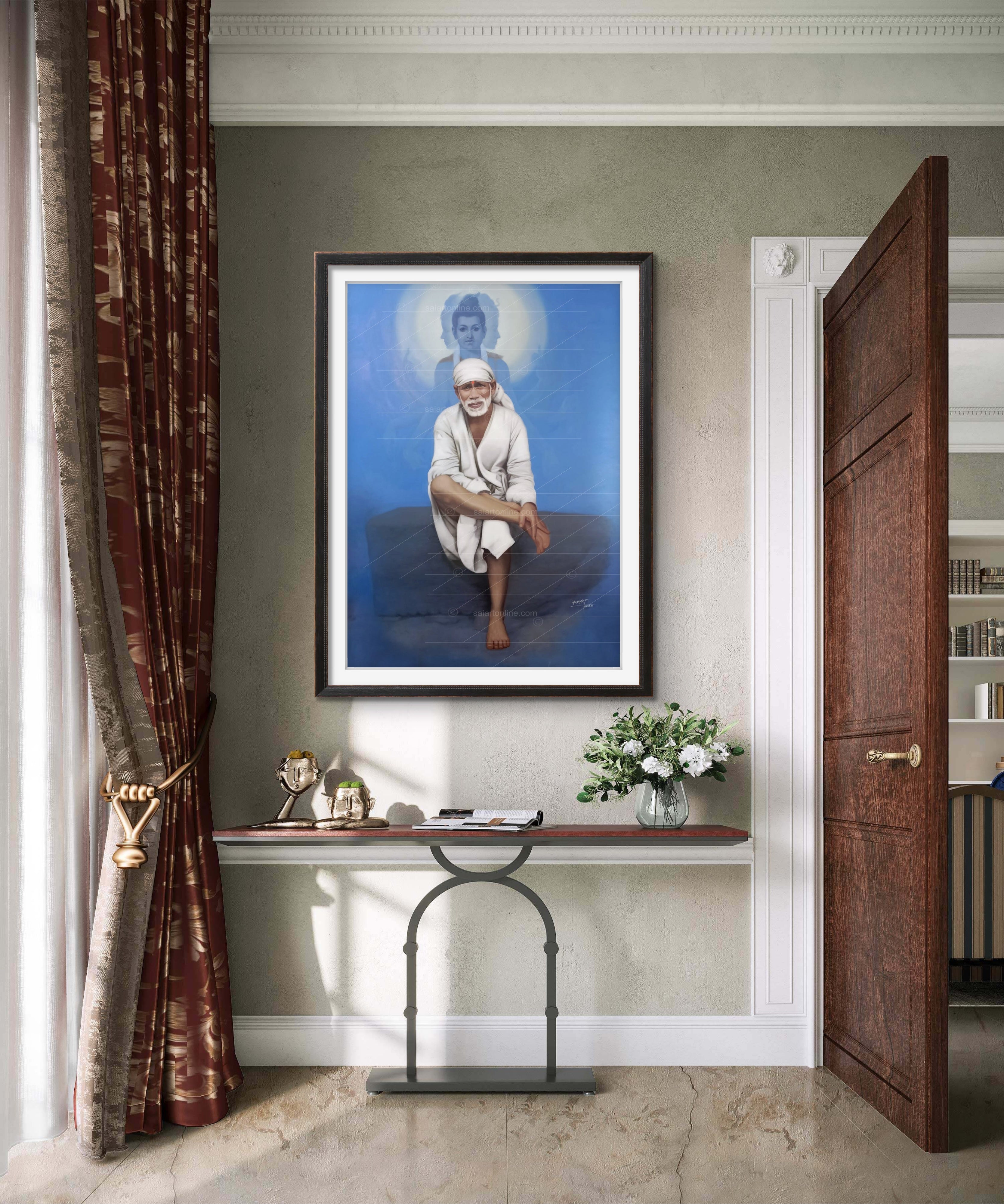 Shirdi Sai Baba Photo Sitting On Stone Hand Painting Canvas Reprint Wall Art Decor photo, Picture/Poster