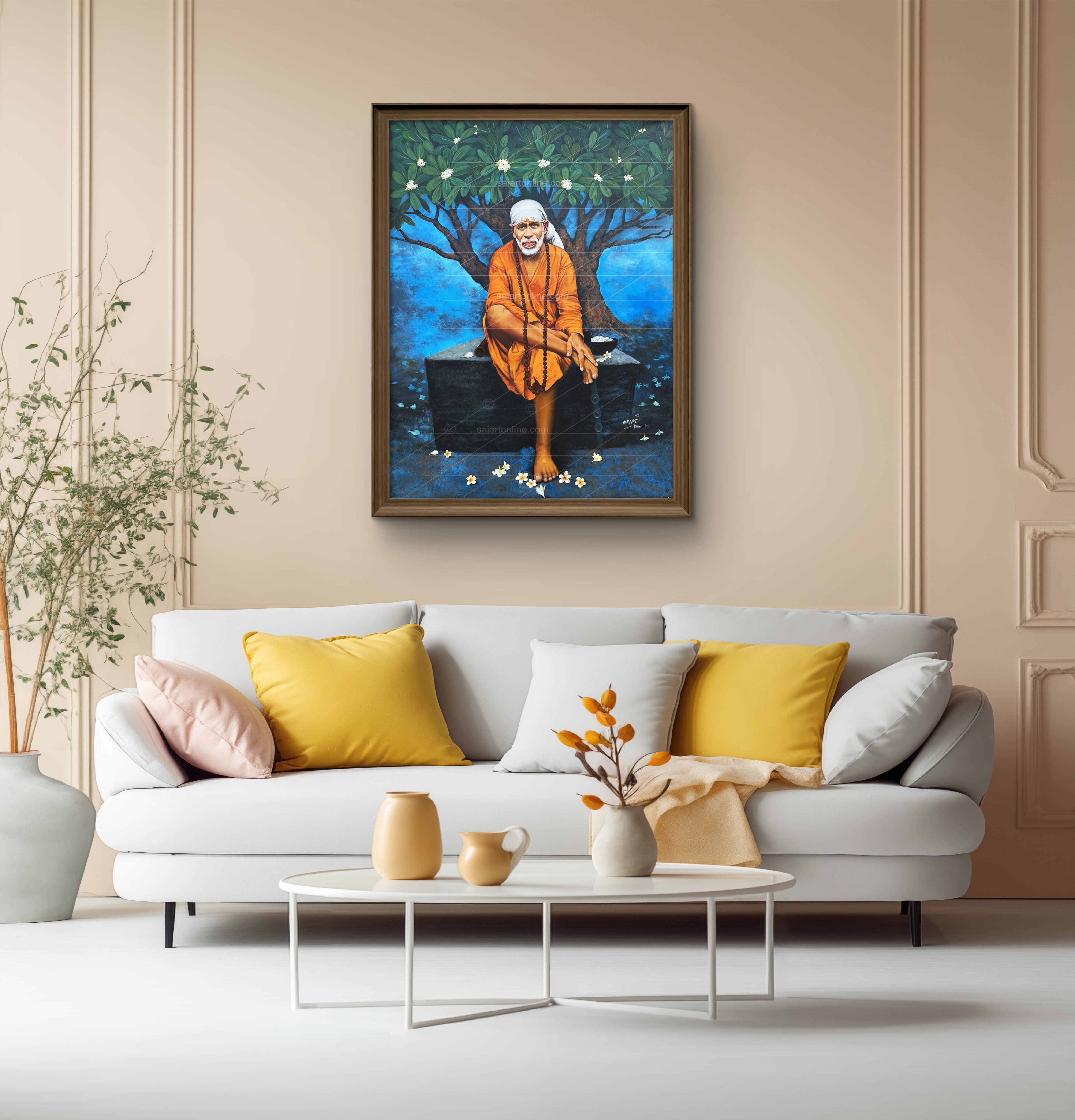 Shirdi Sai Baba Original Photo Sitting on Stone Canvas Painting | UV Coated Waterproof HD Wall Art by Hemant Art