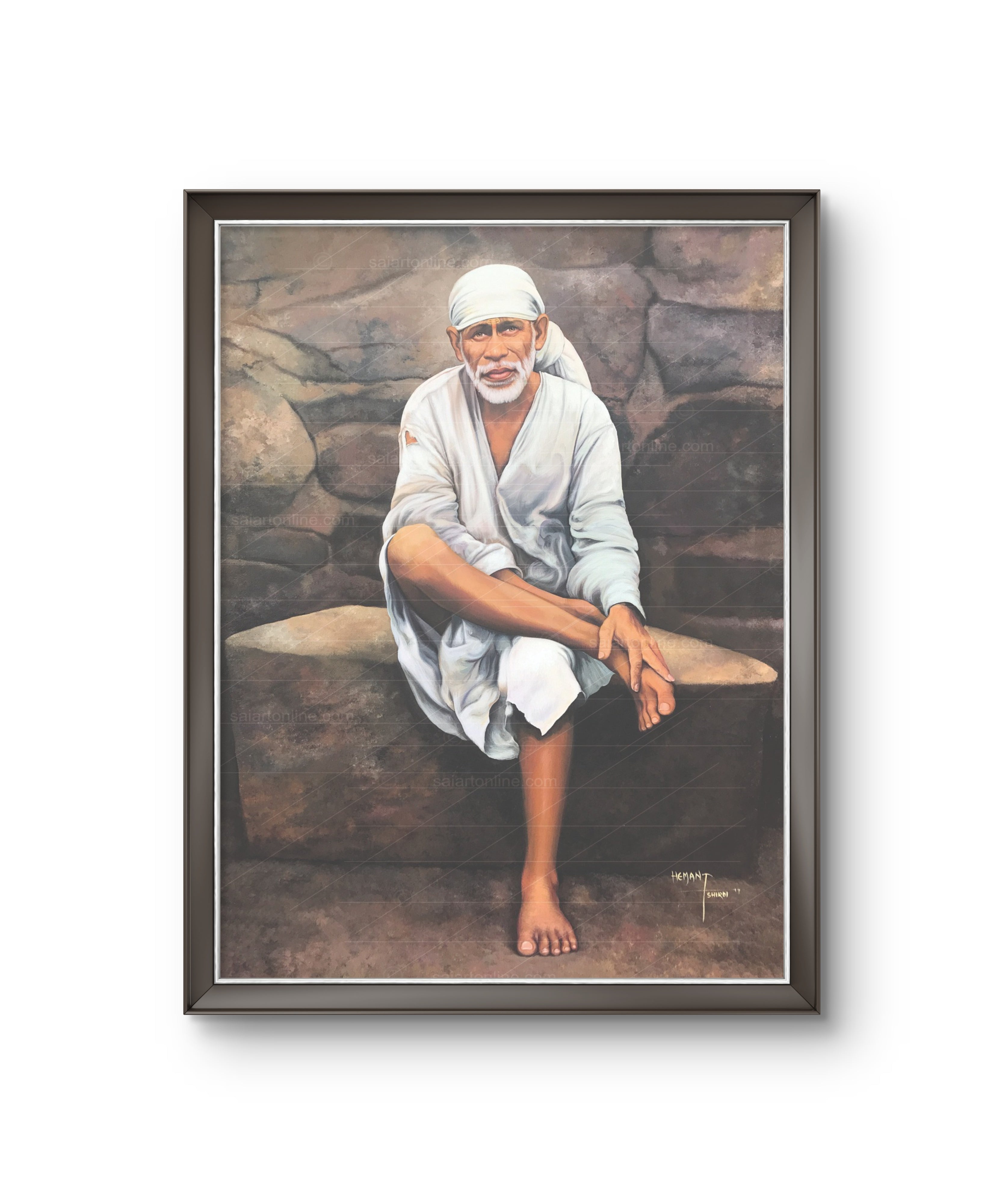 Shirdi Sai Baba Original Photo Sitting on Stone Canvas Painting | UV Coated Waterproof HD Wall Art by Hemant Art