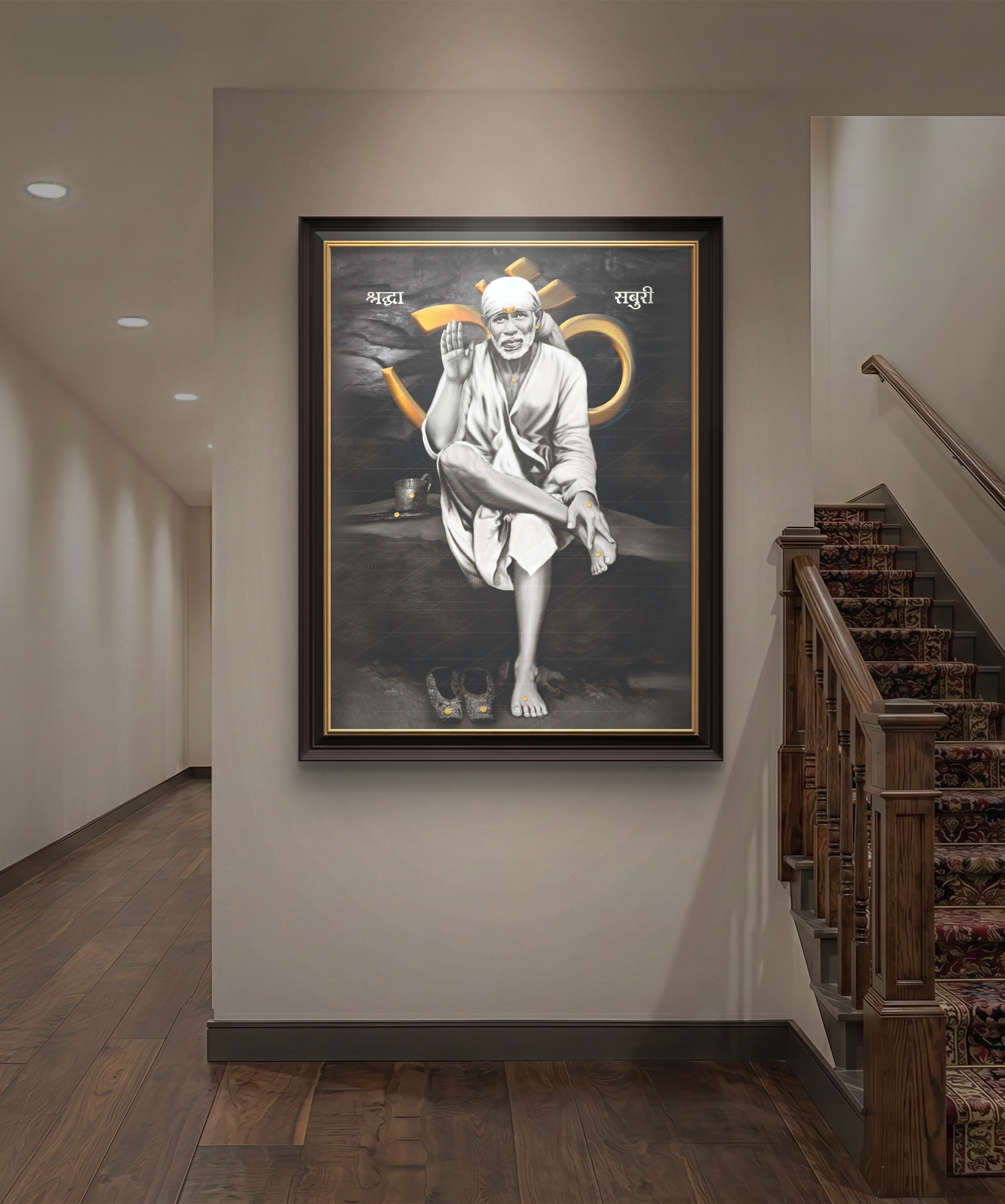 Shirdi Sai Baba Original Photo Sitting on Stone Canvas Painting | UV Coated Waterproof HD Wall Art by Hemant Art