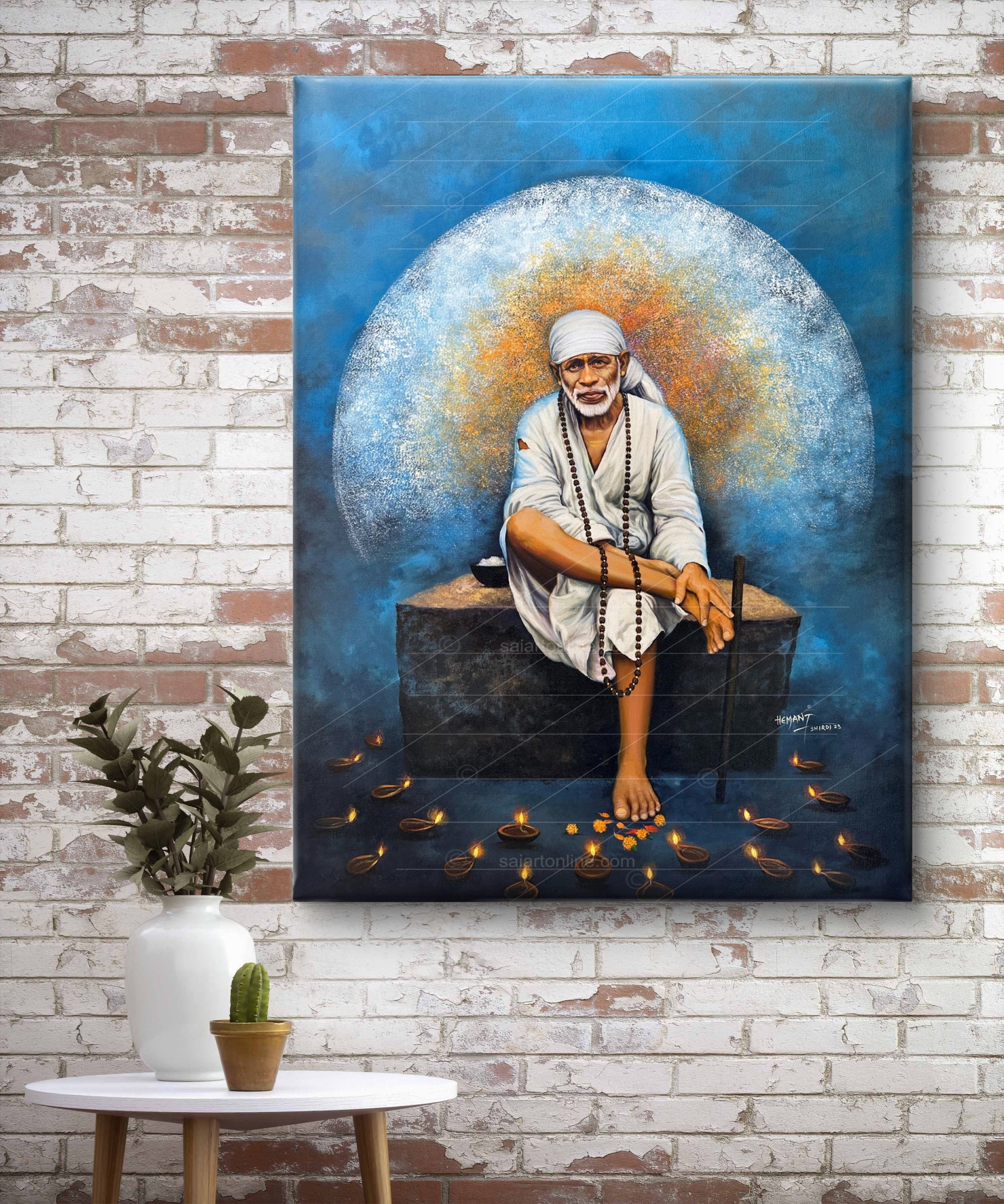 Shirdi Sai Baba Sitting on Stone – Hand Painting Canvas Reprint Wall Art Decor