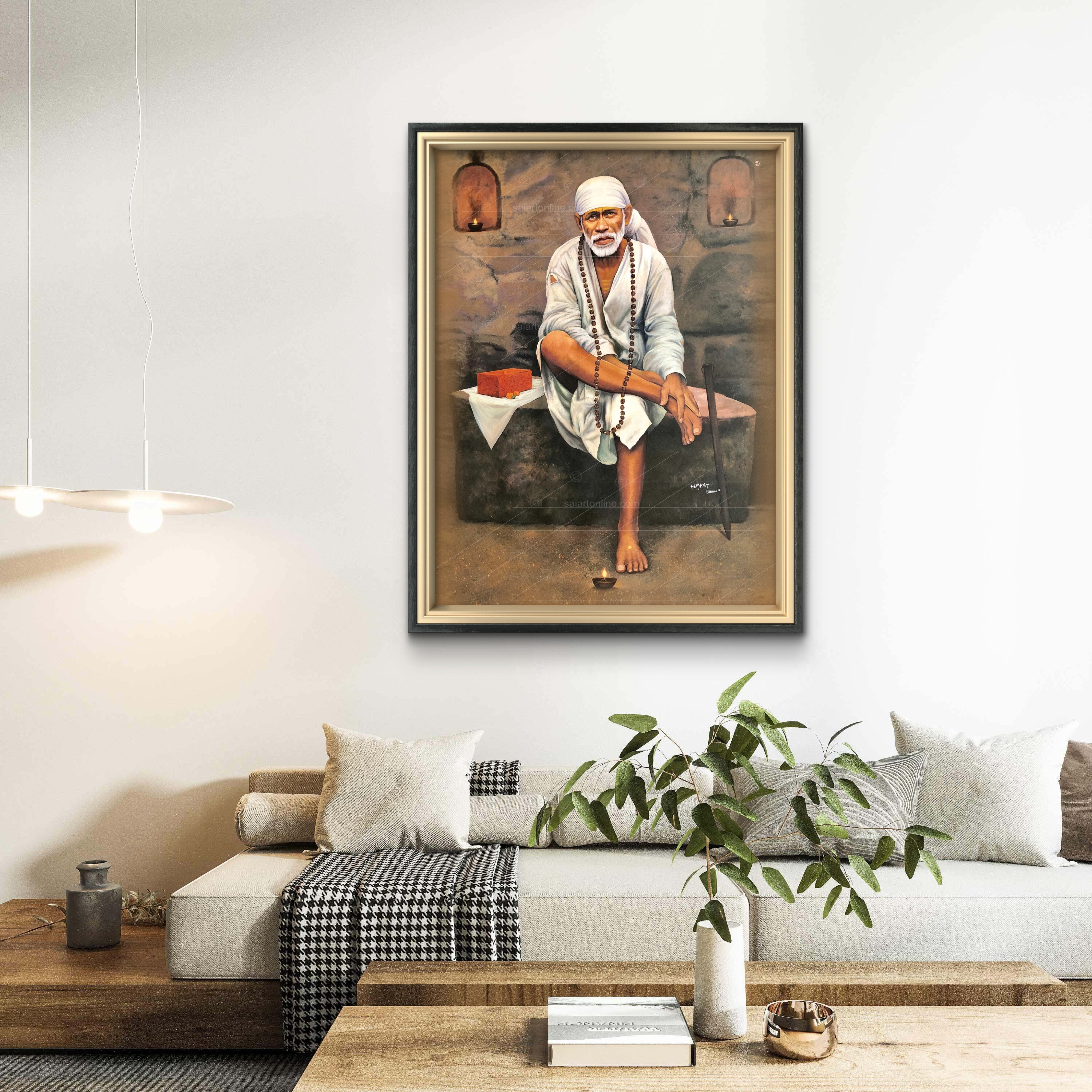 Shirdi Sai Baba Original Photo Sitting on Stone Canvas Painting | UV Coated Waterproof HD Wall Art by Hemant Art