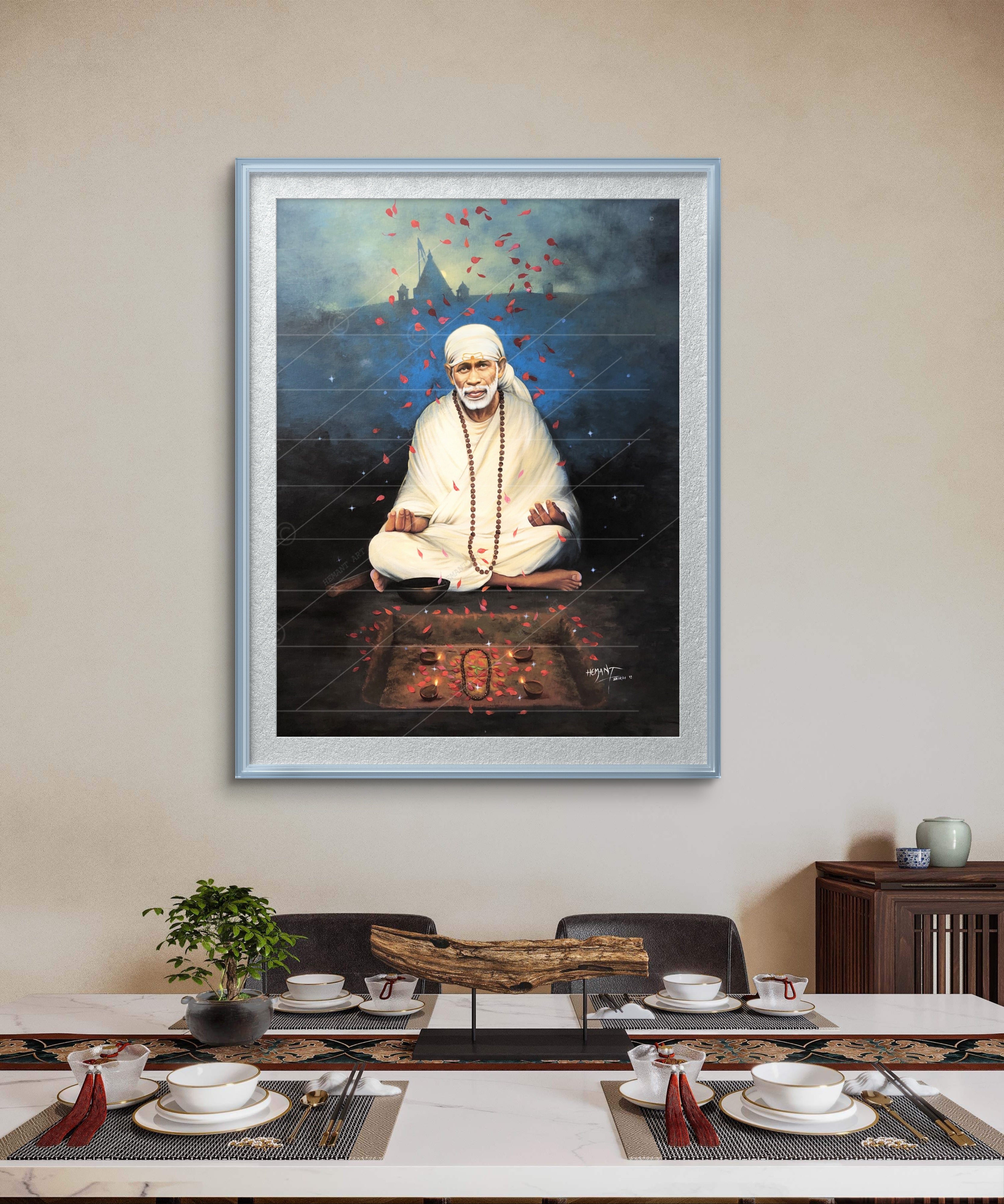 🖼️ Hemant Art Shirdi Sai Baba Meditation Photo Frame Canvas Painting/Canvas Wall Art – Spiritual Home Decor for Puja Room & Meditation Space Success Active