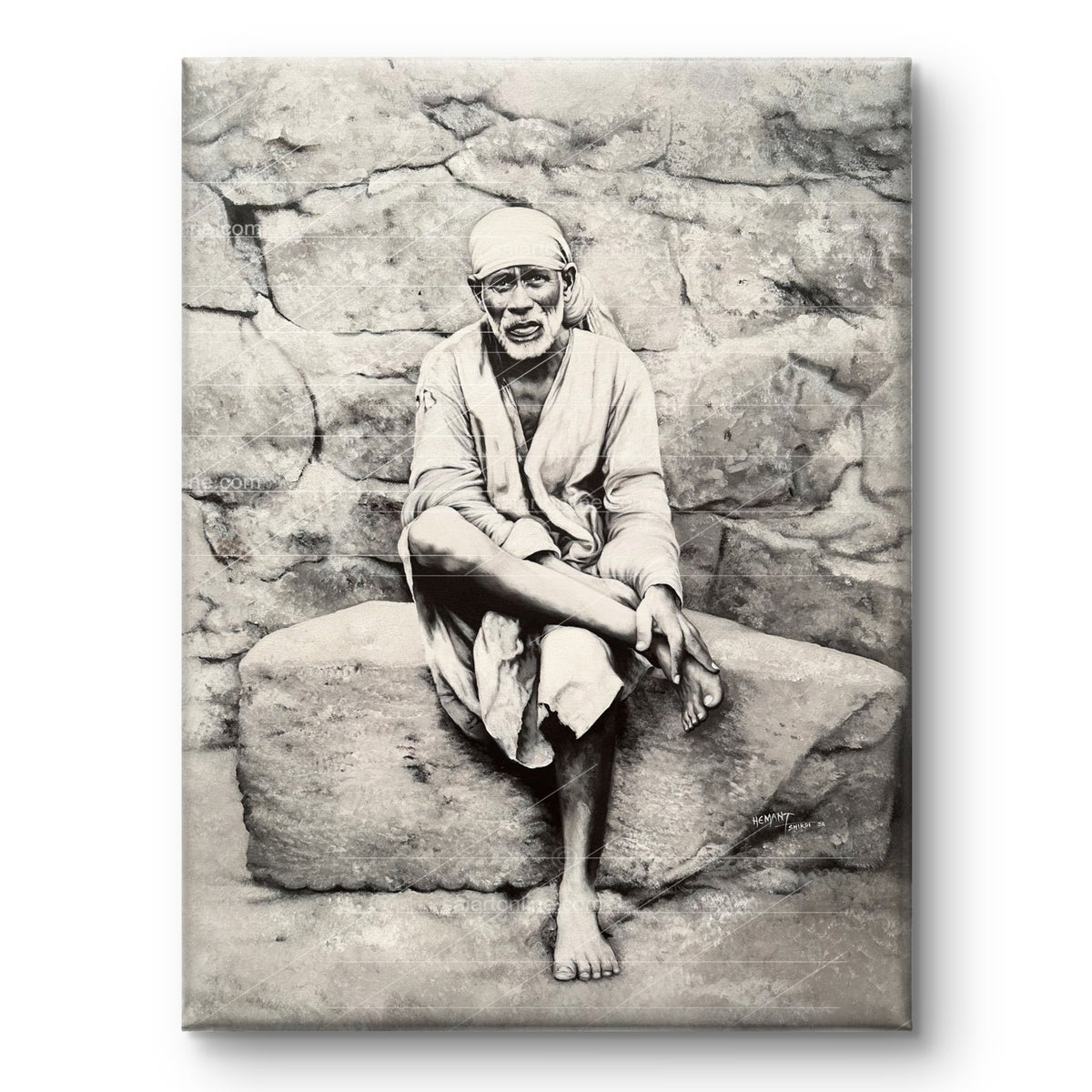 Sai Baba Original Photo Sitting on Stone Canvas Painting | Hemant Art