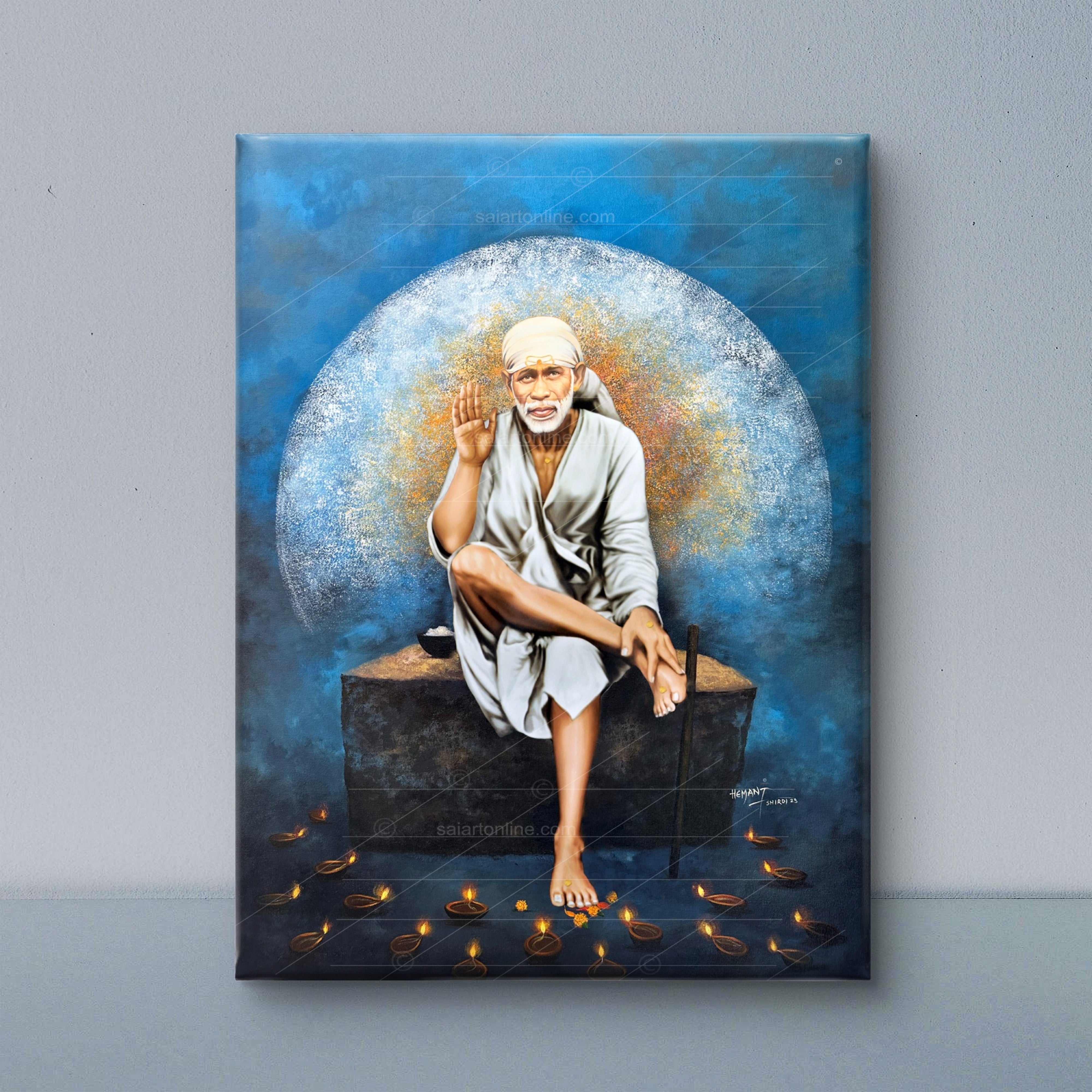 Shirdi Sai Baba Photo Sitting On Stone Hand Painting Canvas Reprint Wall Art Decor photo, Picture/Poster