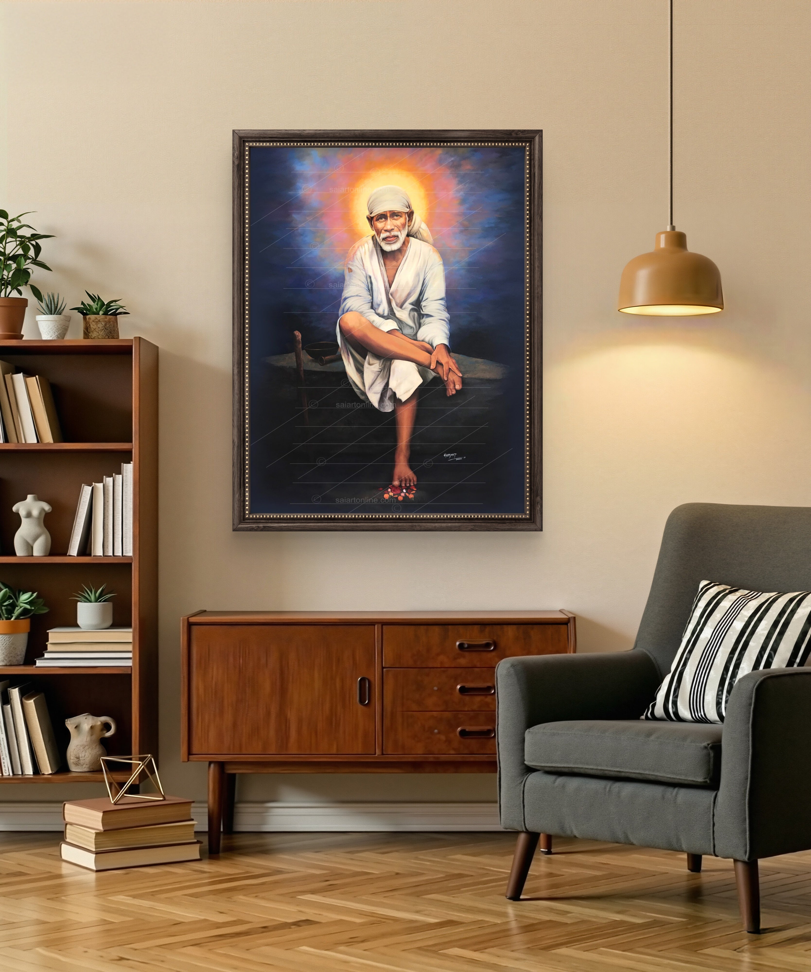 Shirdi Sai Baba Original Photo Sitting on Stone Canvas Painting | UV Coated Waterproof HD Wall Art by Hemant Art