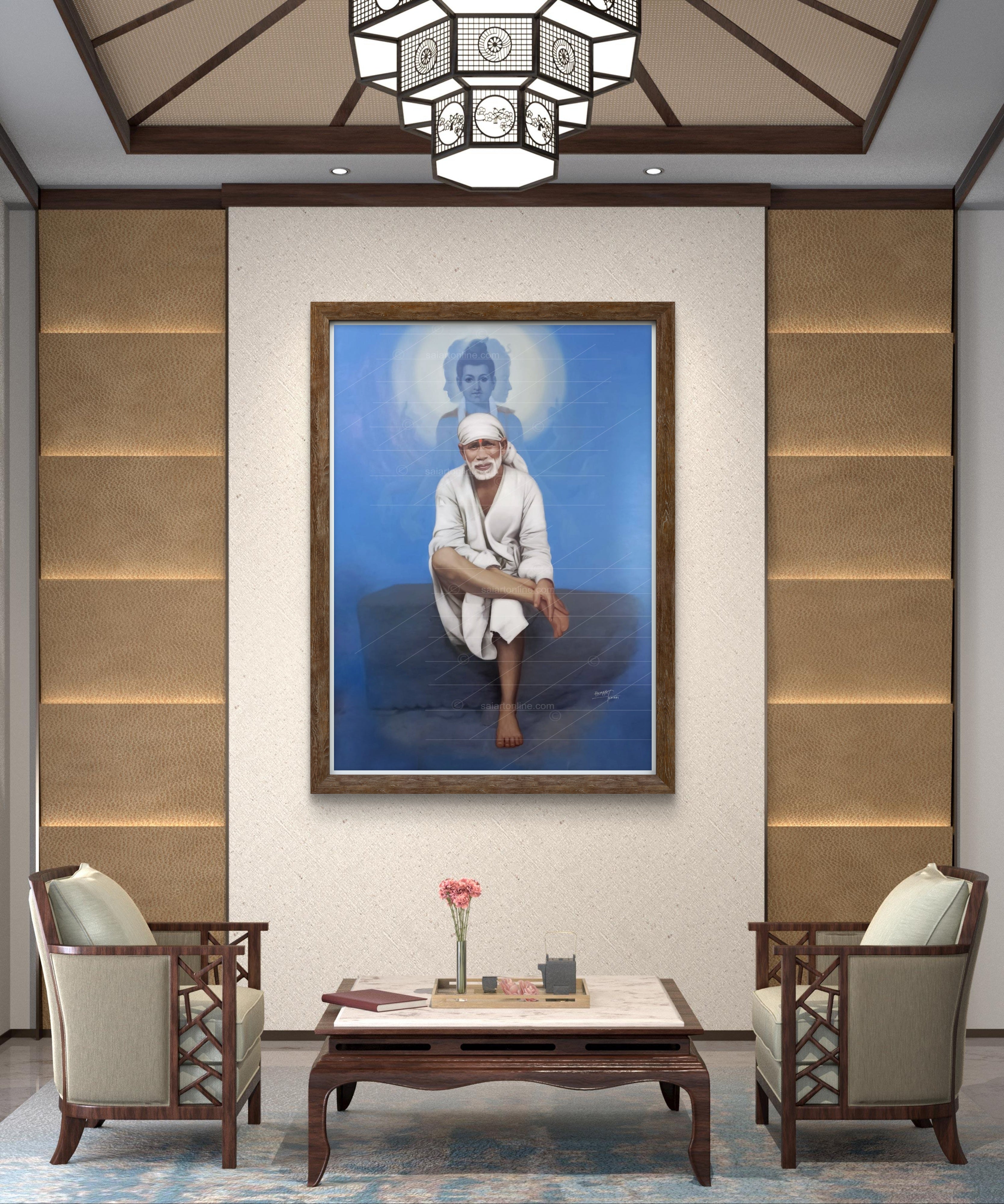 Shirdi Sai Baba Photo Sitting On Stone Hand Painting Canvas Reprint Wall Art Decor photo, Picture/Poster