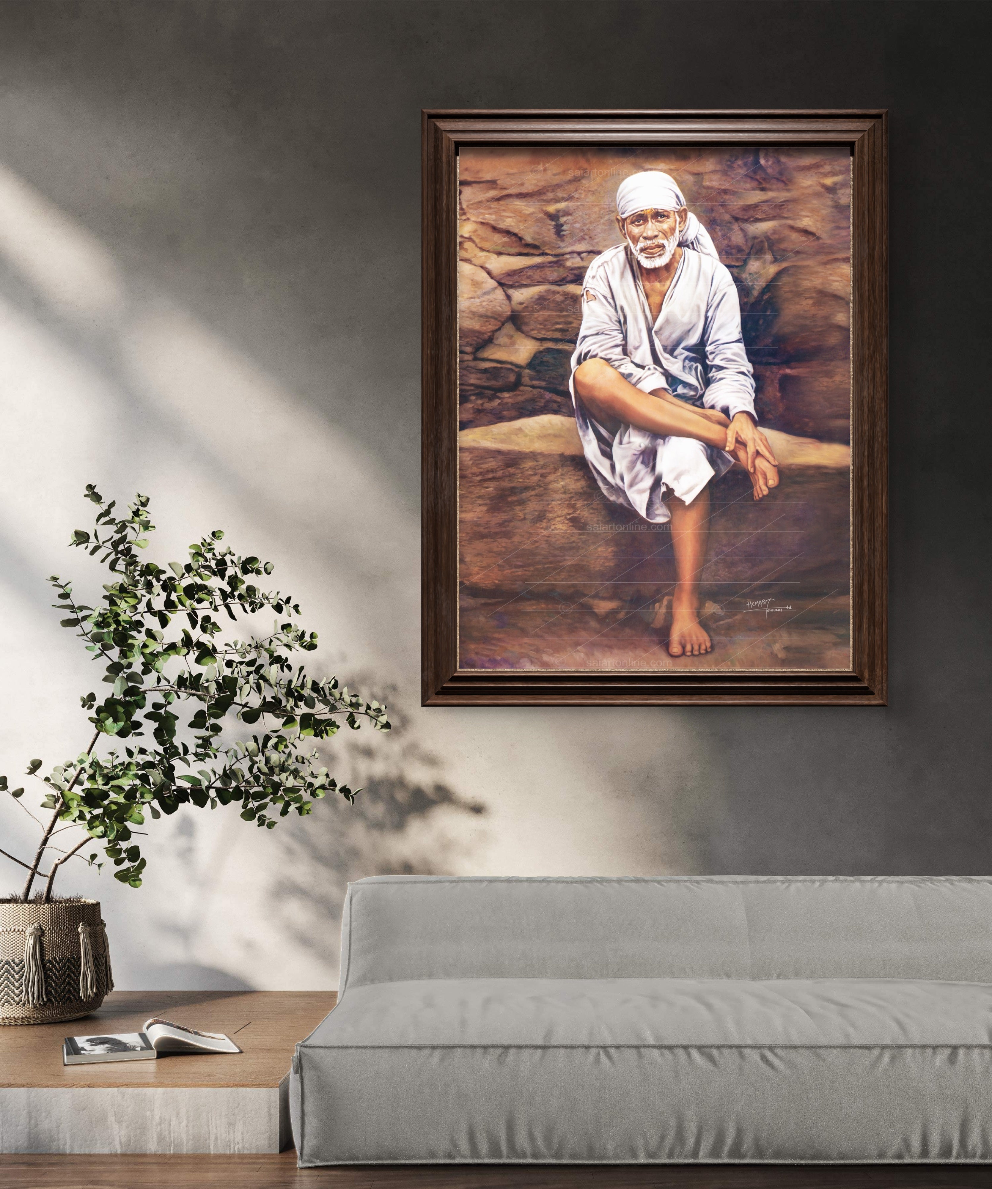 Shirdi Sai Baba Original Photo Sitting on Stone Canvas Painting | UV Coated Waterproof HD Wall Art by Hemant Art