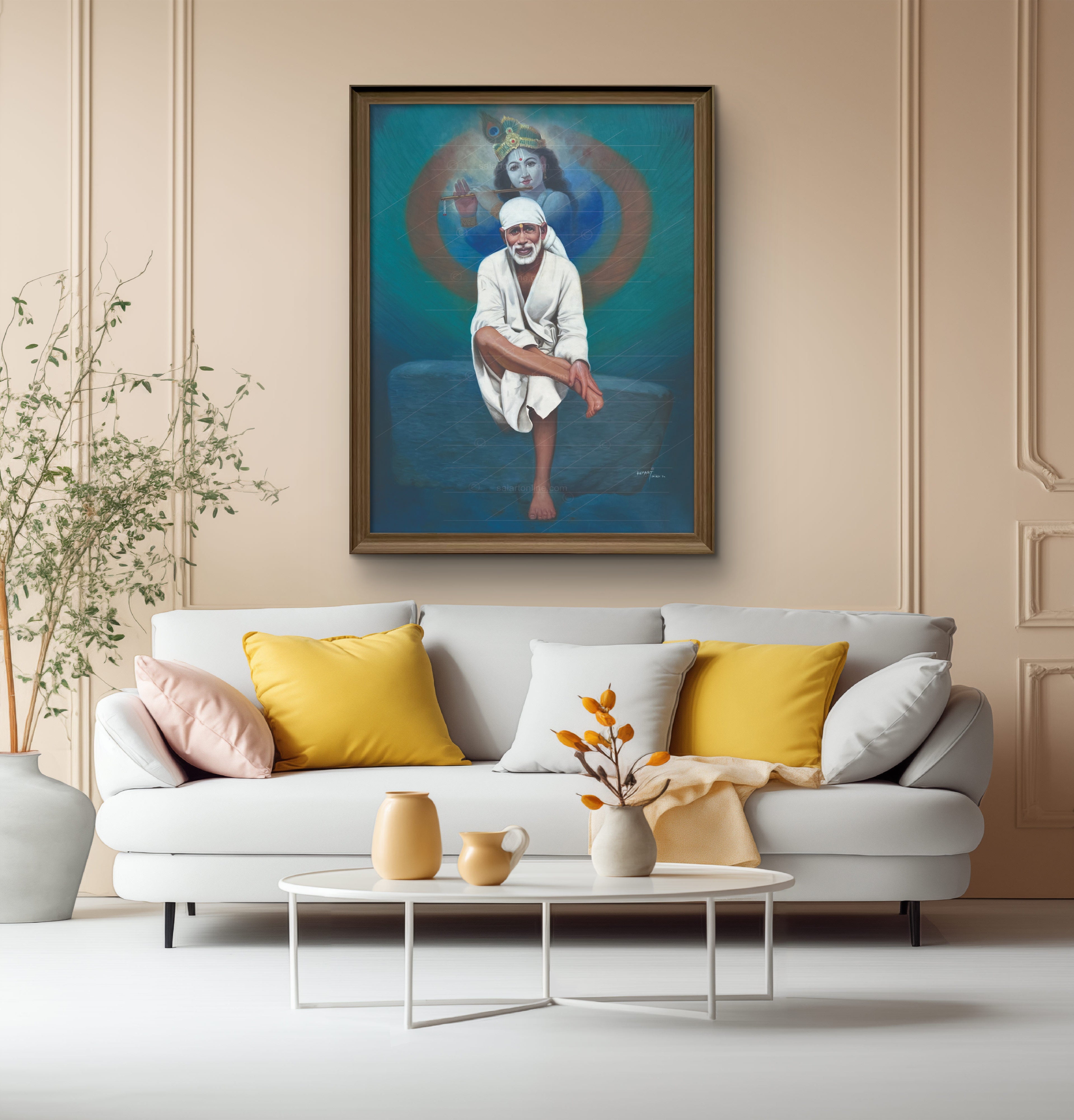 Shirdi Sai Baba Photo Sitting On Stone Hand Painting Canvas Reprint Wall Art Decor photo, Picture/Poster