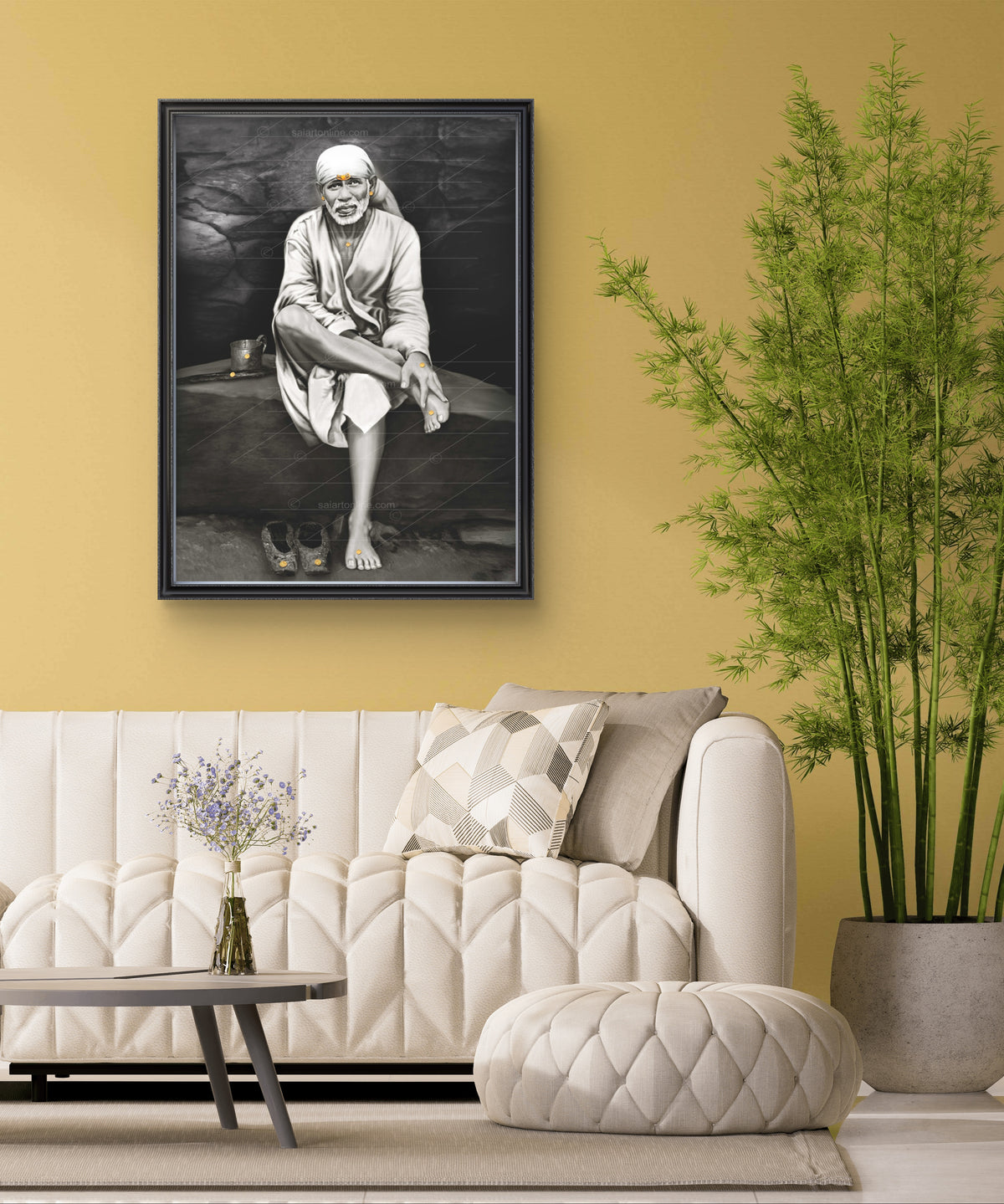 Saibaba on Stone Canvas Print, Black & White Hemant Art