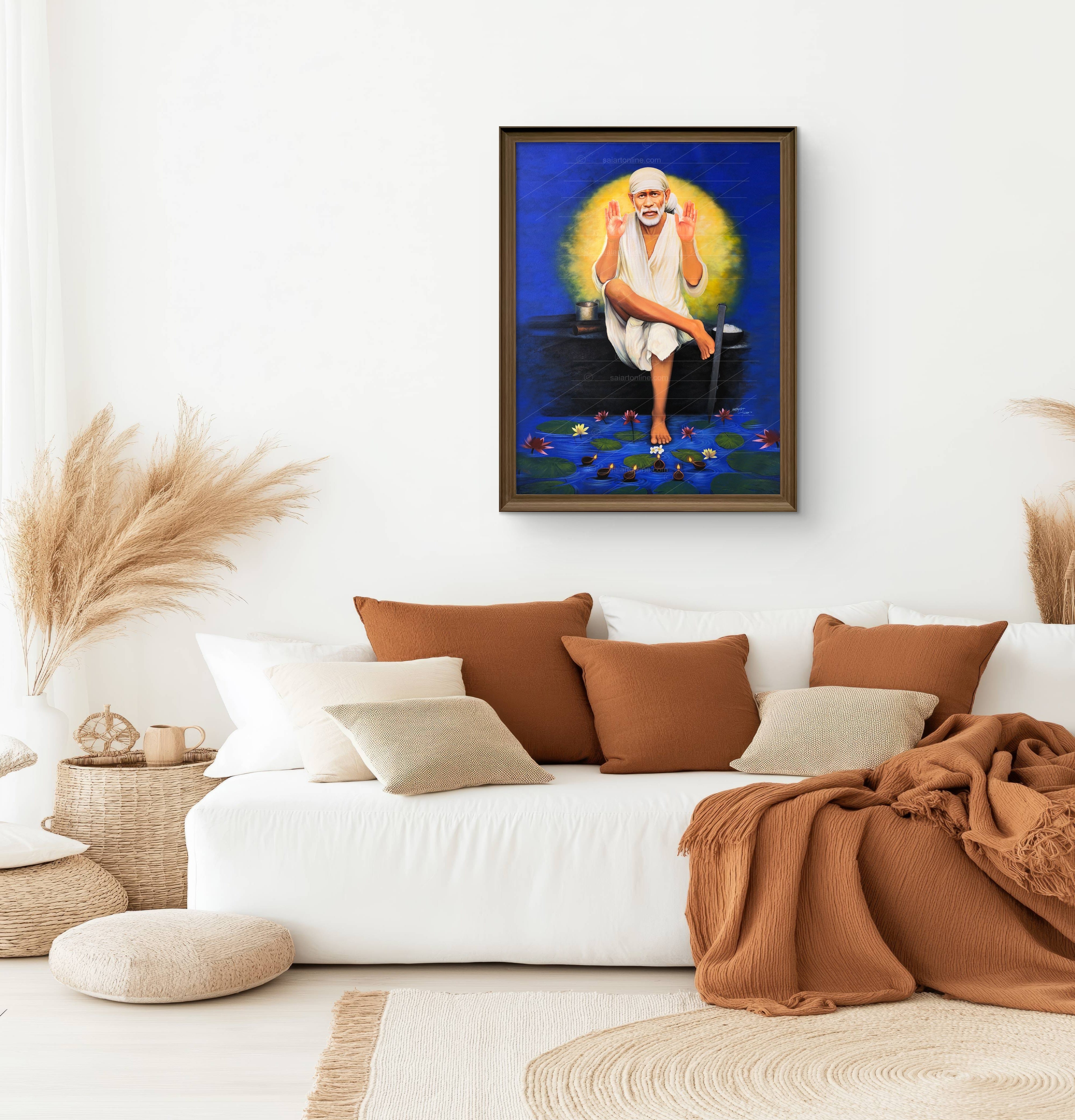 Shirdi Sai Baba Original Photo Sitting on Stone Canvas Painting | UV Coated Waterproof HD Wall Art by Hemant Art