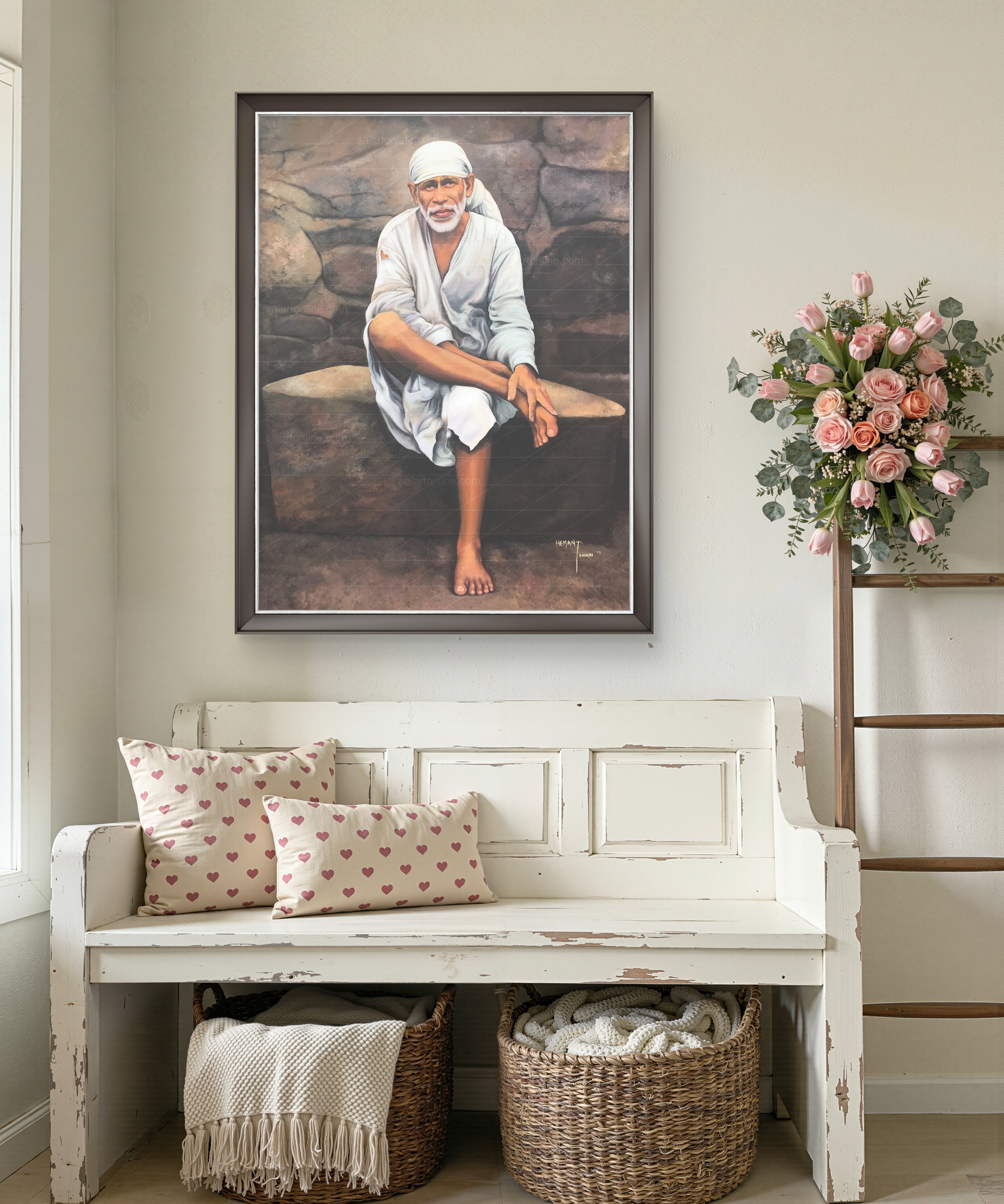 Shirdi Sai Baba Original Photo Sitting on Stone Canvas Painting | UV Coated Waterproof HD Wall Art by Hemant Art