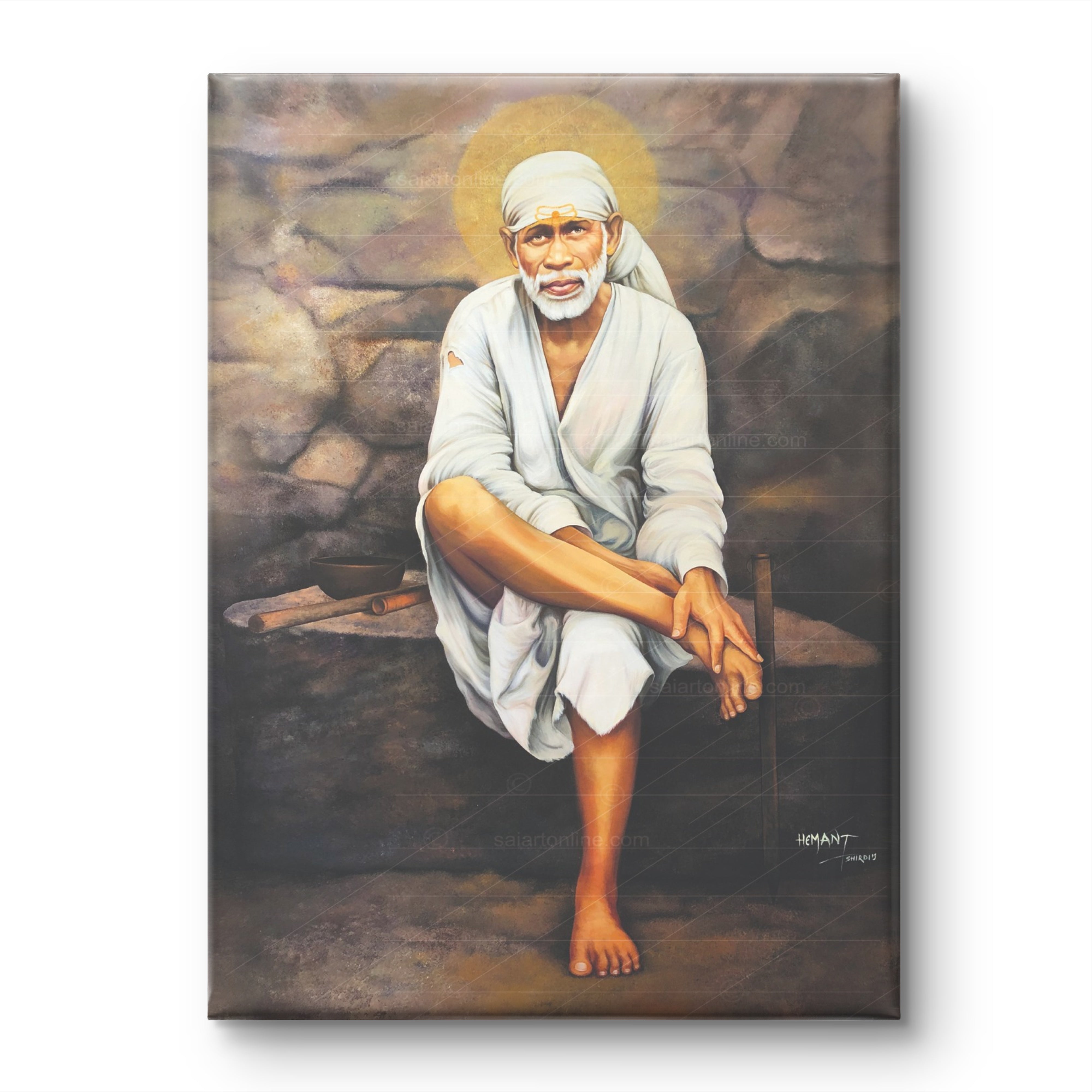 Shirdi Sai Baba Original Photo Sitting on Stone Canvas Painting | UV Coated Waterproof HD Wall Art by Hemant Art