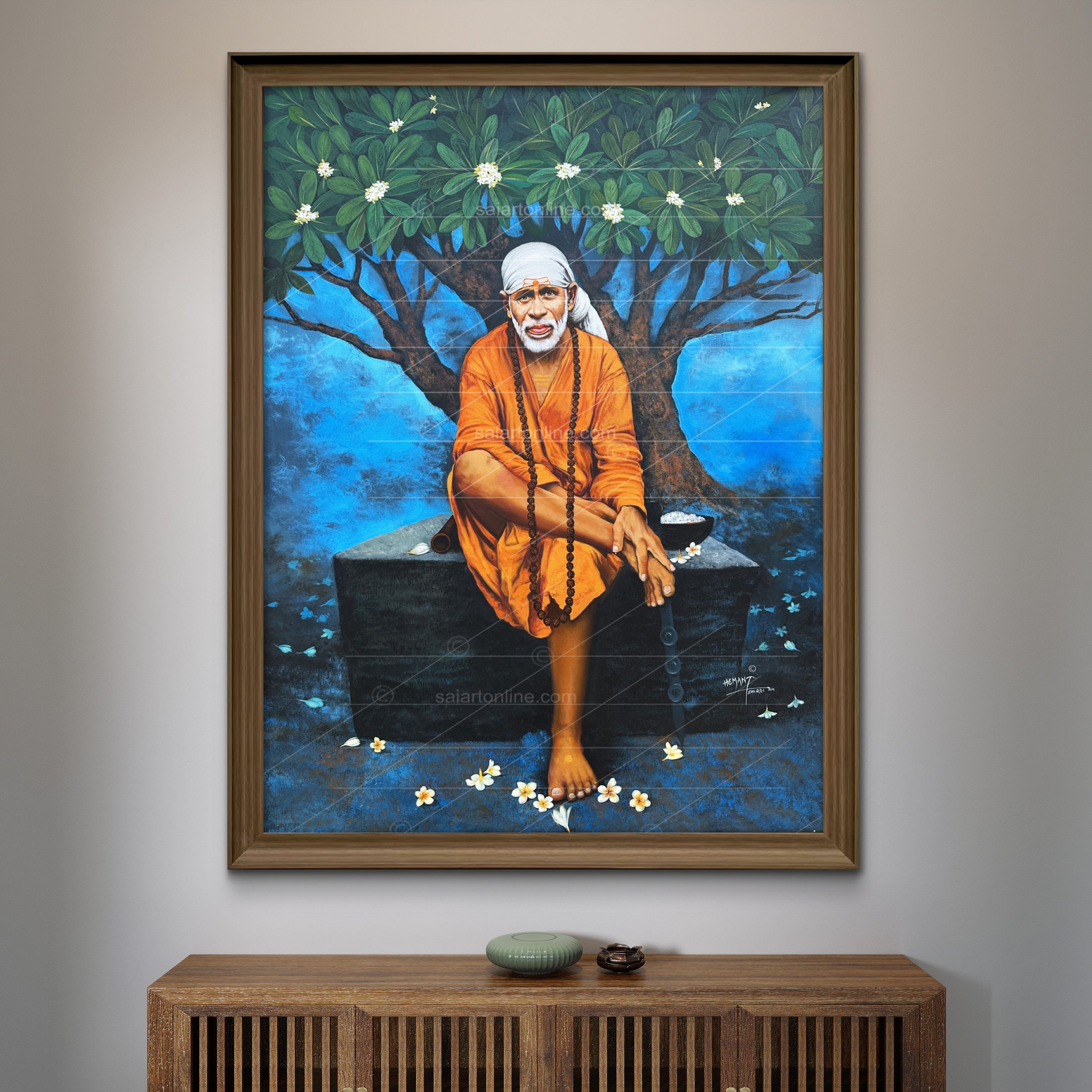 Shirdi Sai Baba Original Photo Sitting on Stone Canvas Painting | UV Coated Waterproof HD Wall Art by Hemant Art