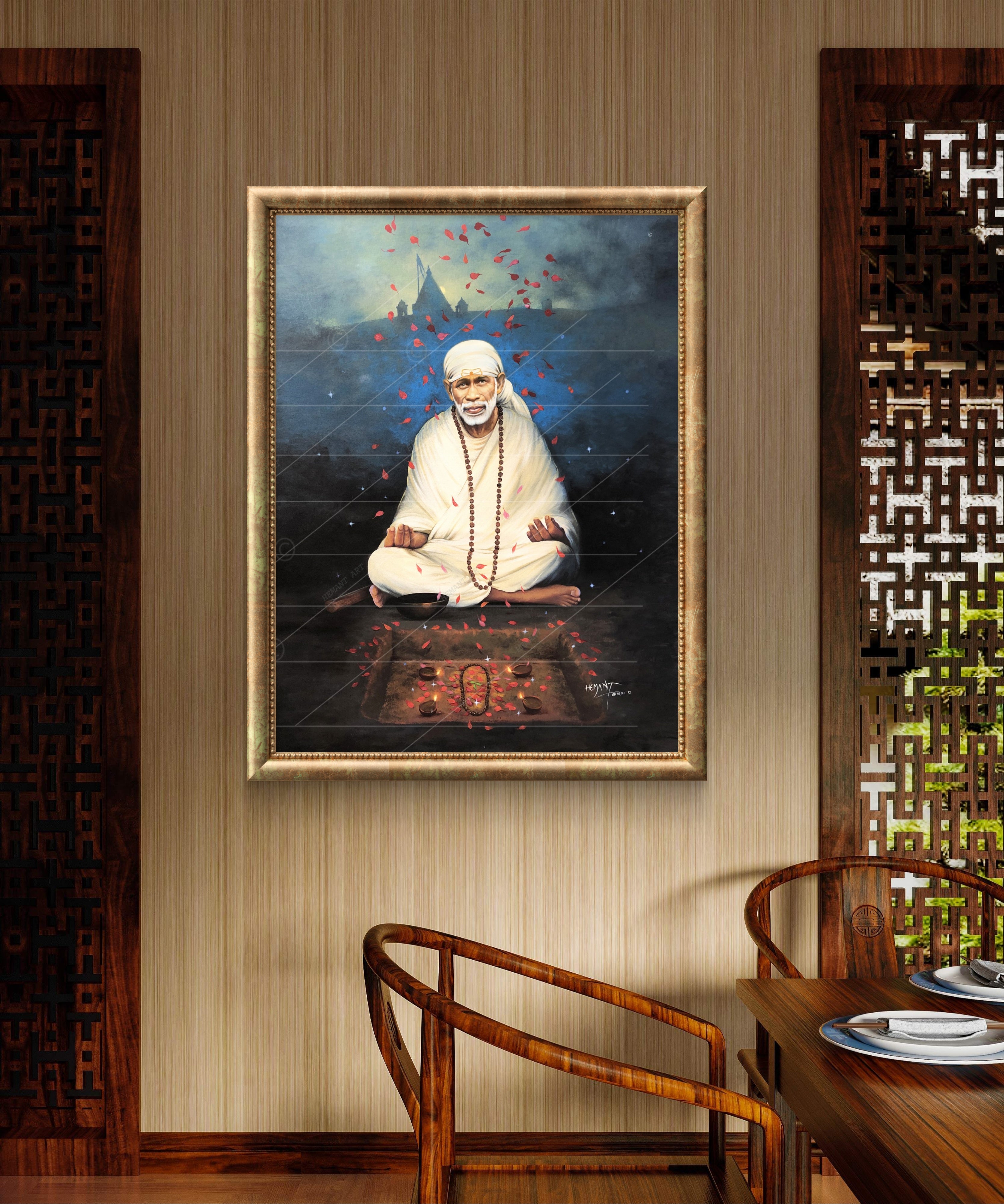 🖼️ Hemant Art Shirdi Sai Baba Meditation Photo Frame Canvas Painting/Canvas Wall Art – Spiritual Home Decor for Puja Room & Meditation Space Success Active