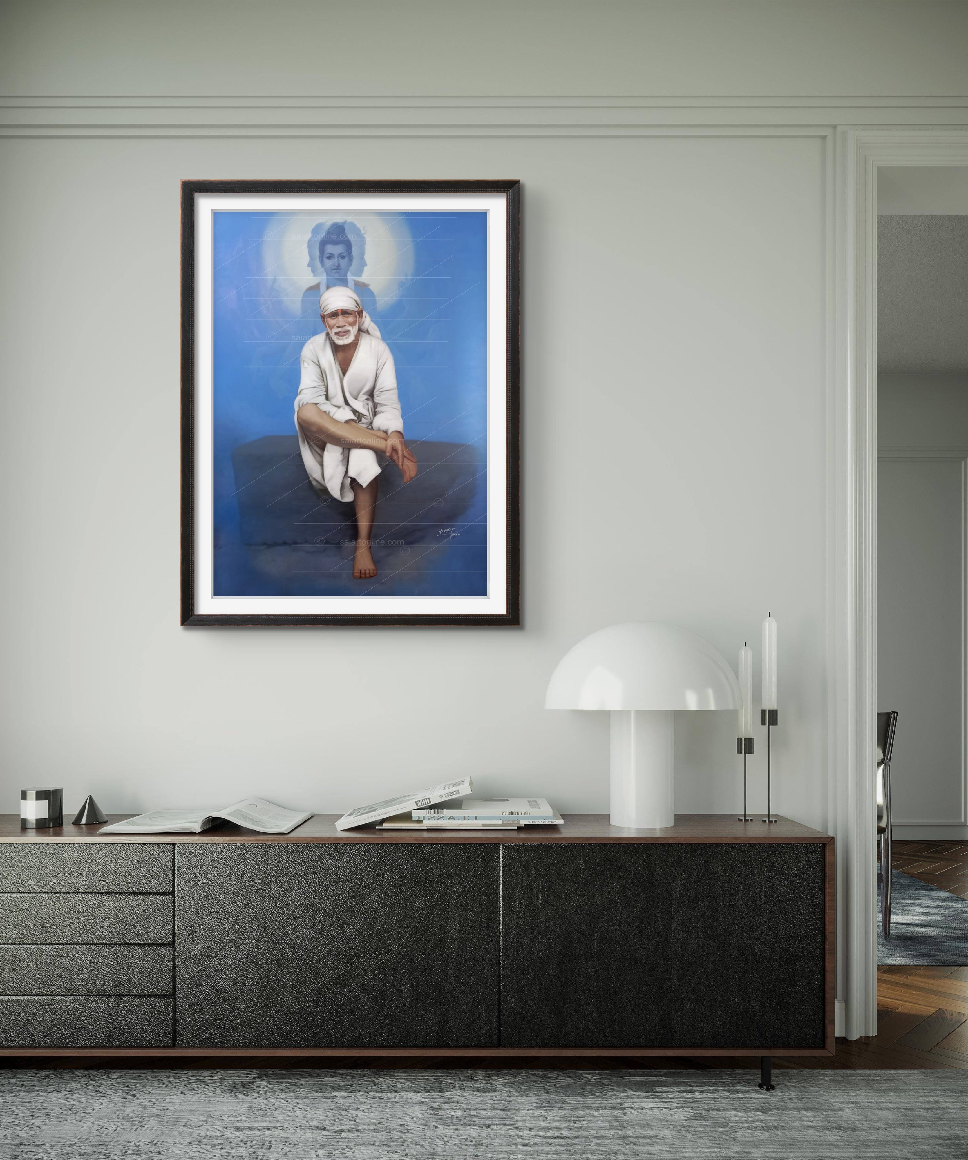 Shirdi Sai Baba Photo Sitting On Stone Hand Painting Canvas Reprint Wall Art Decor photo, Picture/Poster