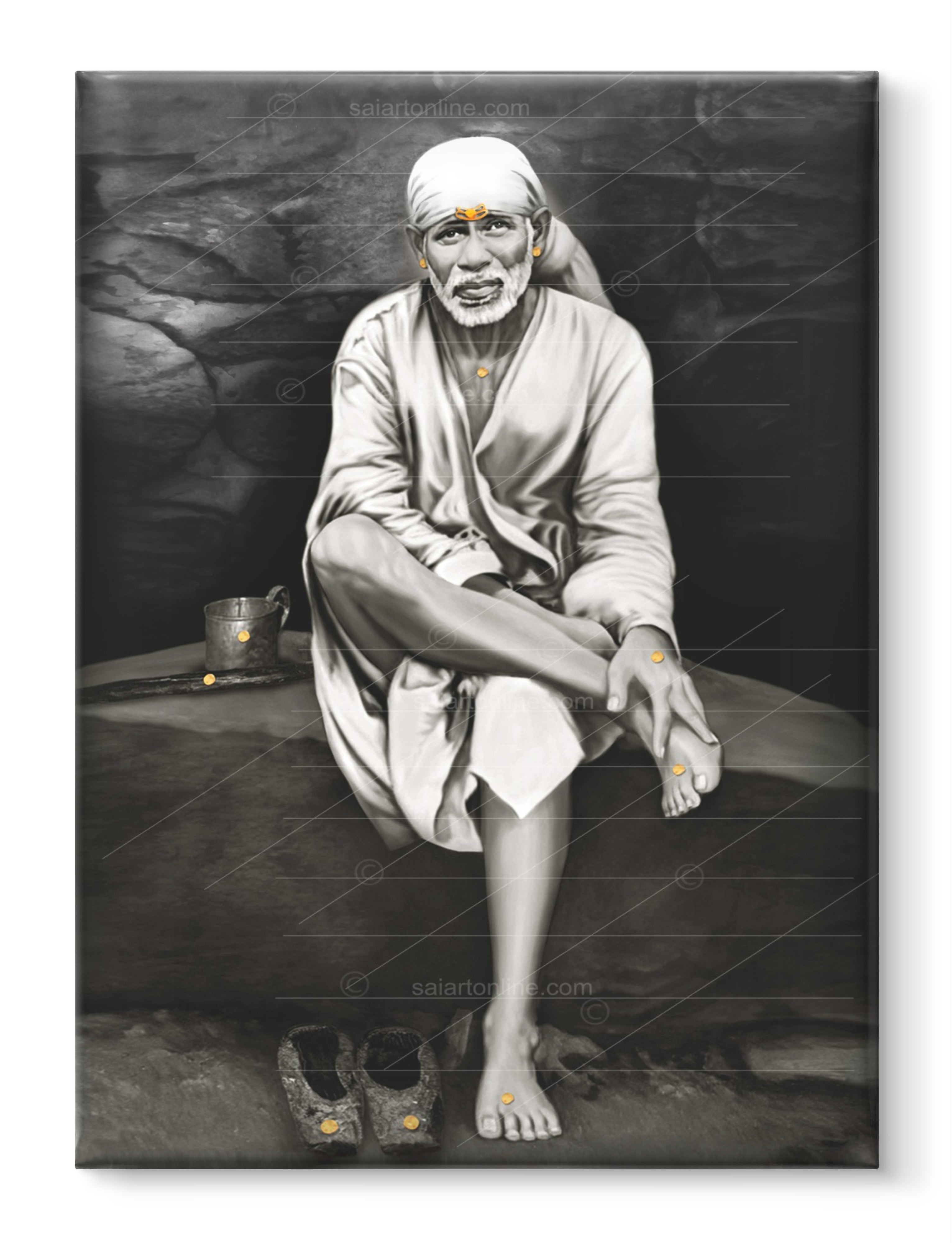 Shirdi Sai Baba Photo Sitting On Stone Hand Painting Canvas Reprint Wall Art Decor photo, Picture/Poster